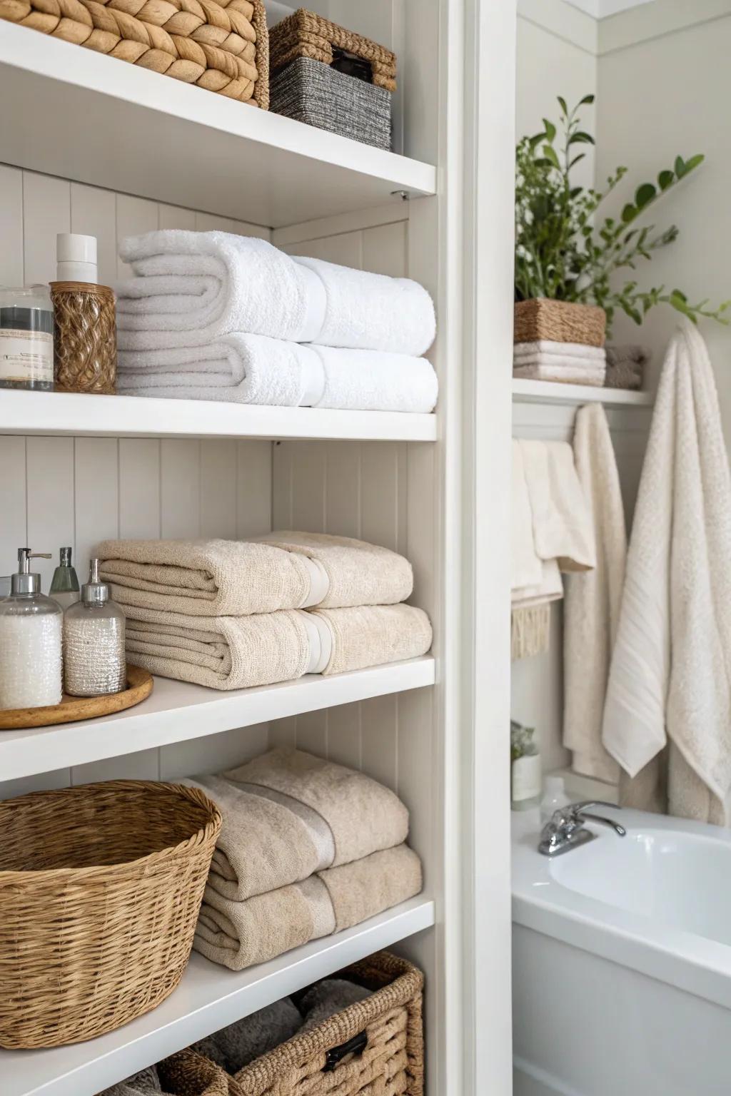 Neatly folded towels create a spa-like feel in open linen closets.