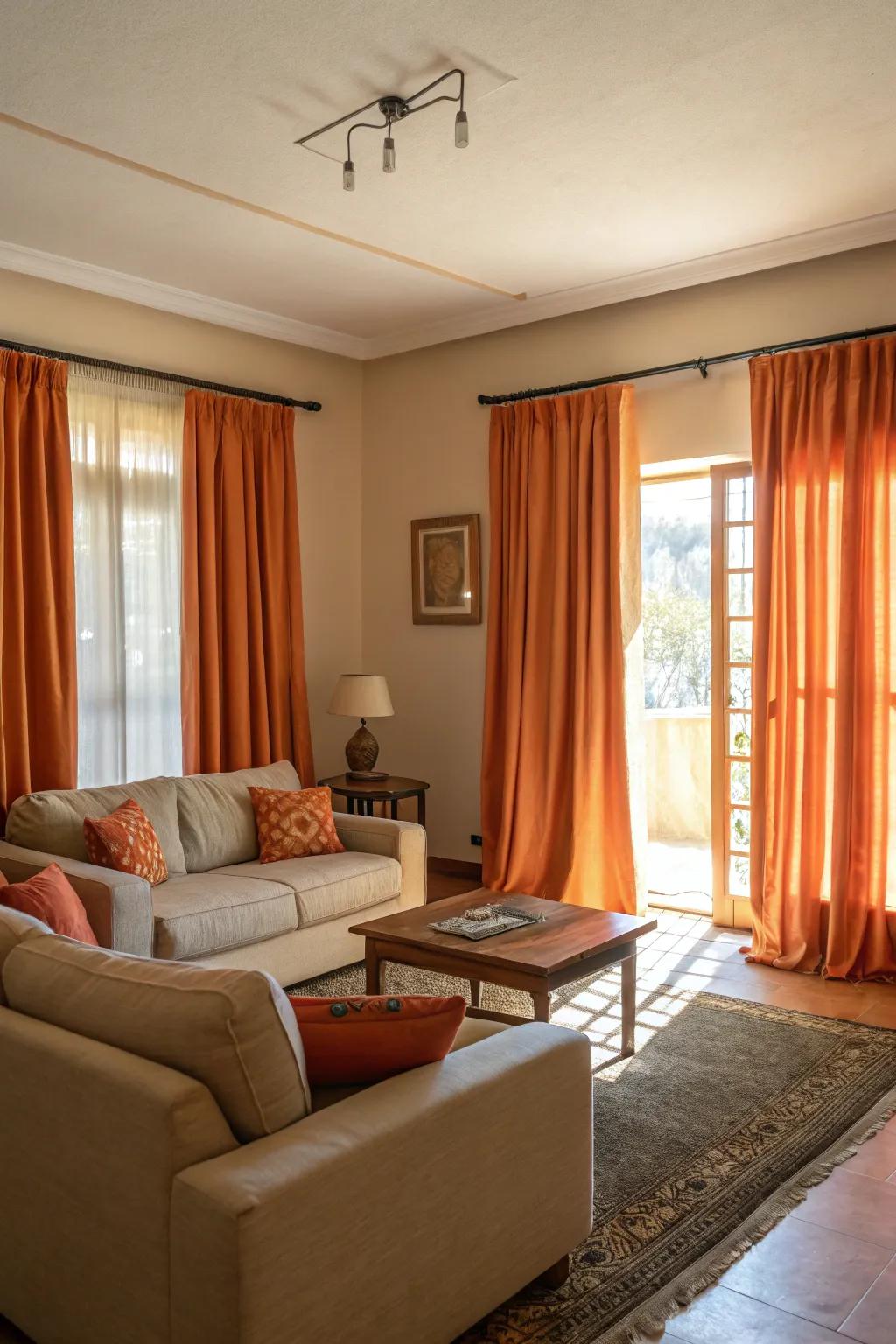 Orange curtains beautifully balanced with neutral decor.