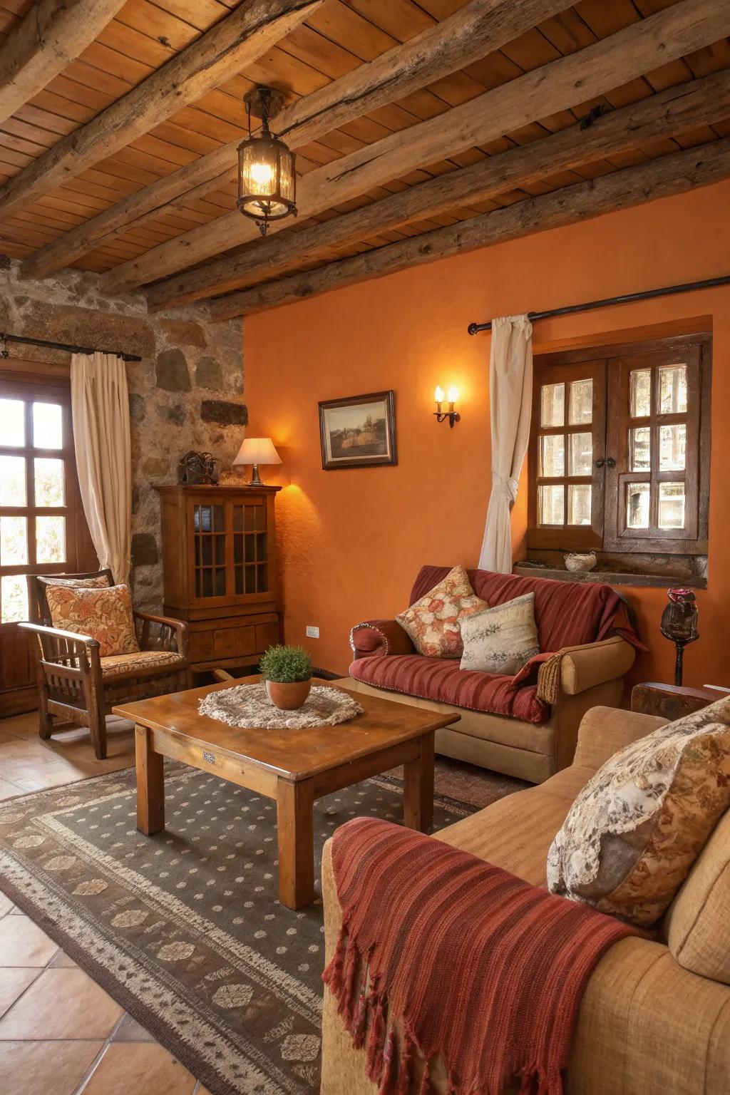 A rustic living room with orange walls and wooden furniture creating a cozy retreat.