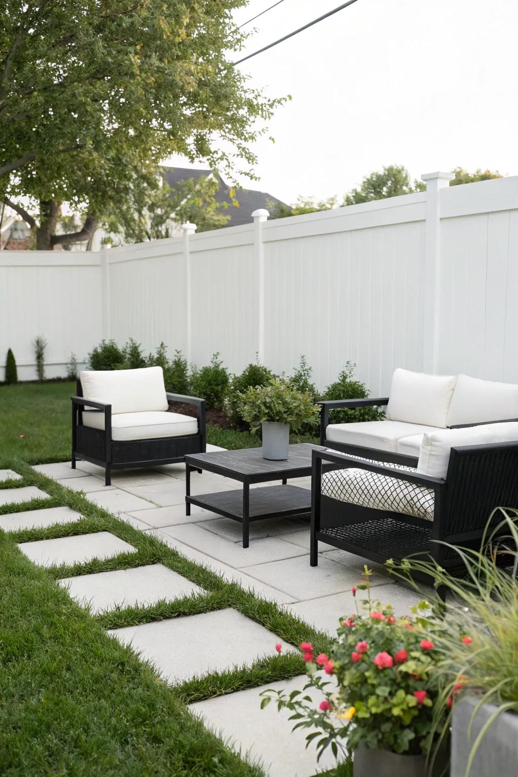 A minimalist patio featuring sleek black and white furniture for a clean aesthetic.