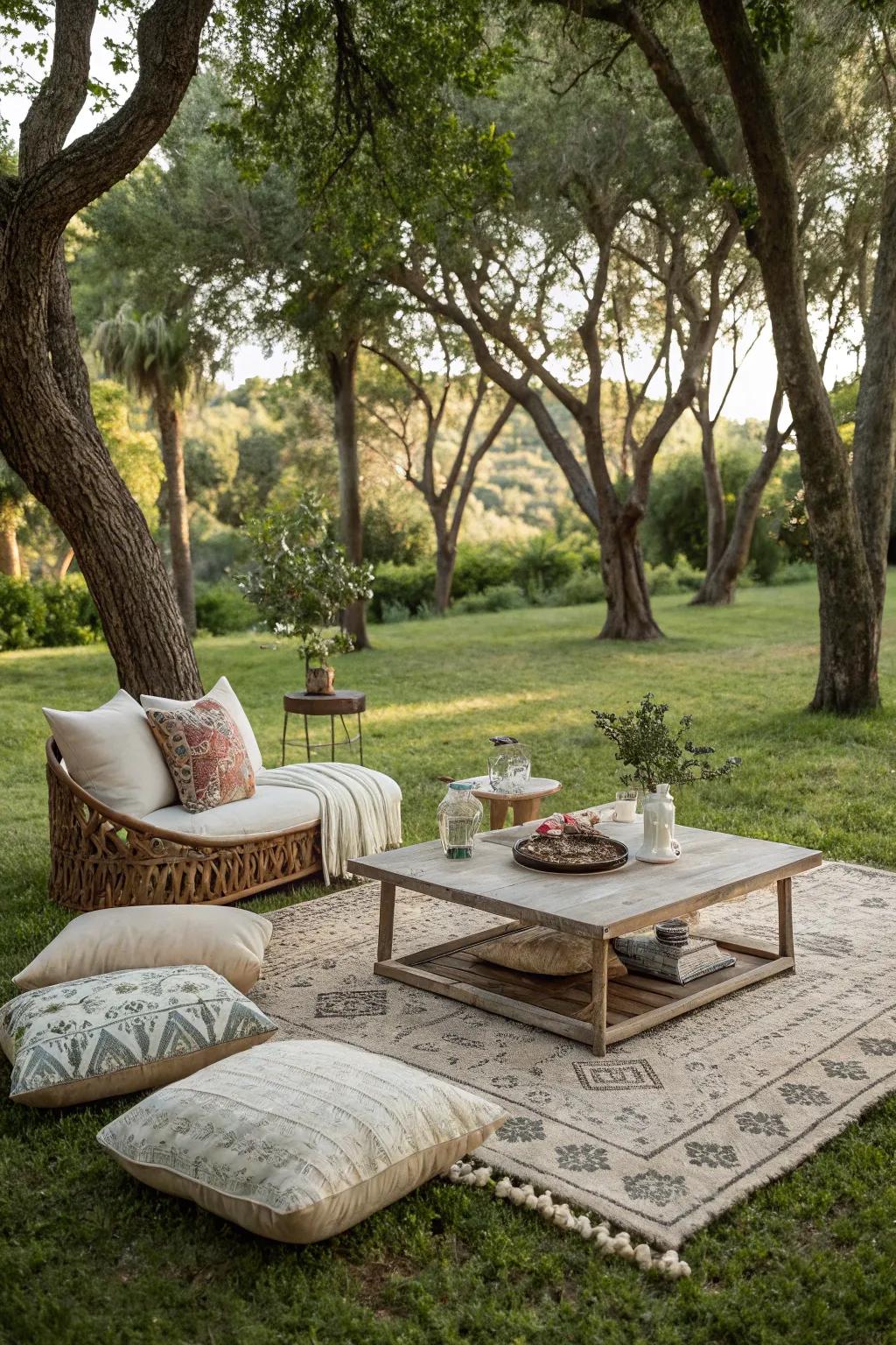 An inviting outdoor living room under a canopy of trees.