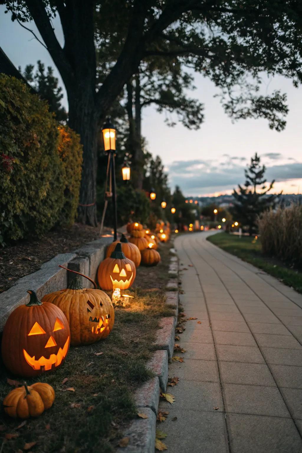 A magical path illuminated by a parade of glowing jack-o'-lanterns.