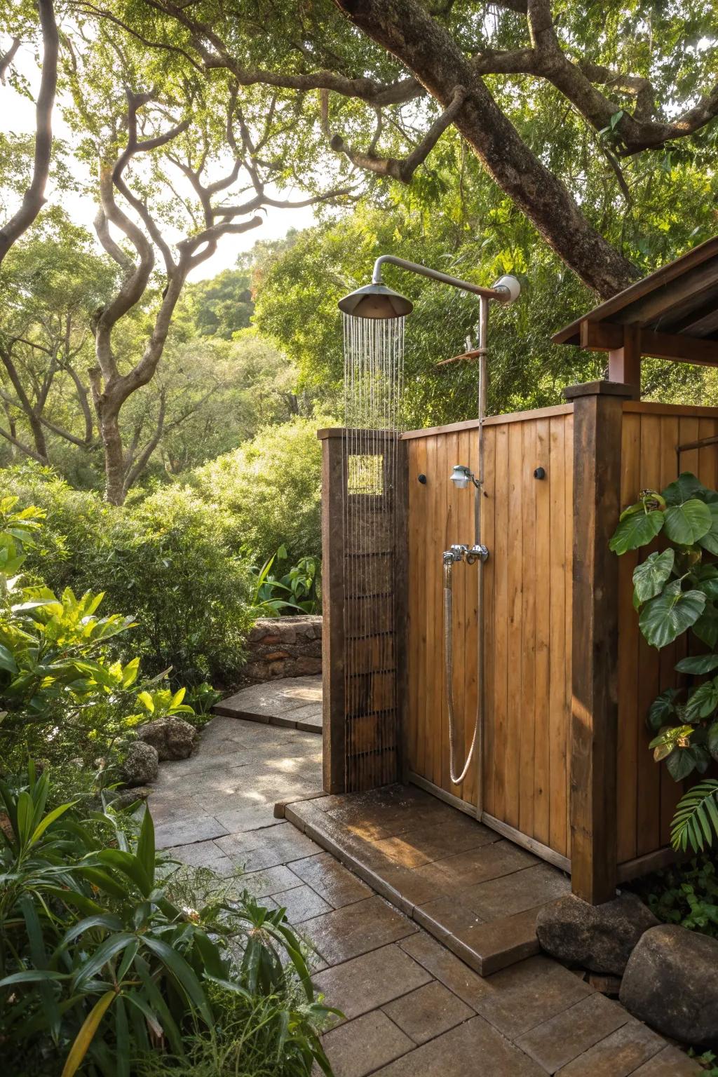 Blend rustic charm with modern design in your outdoor shower.