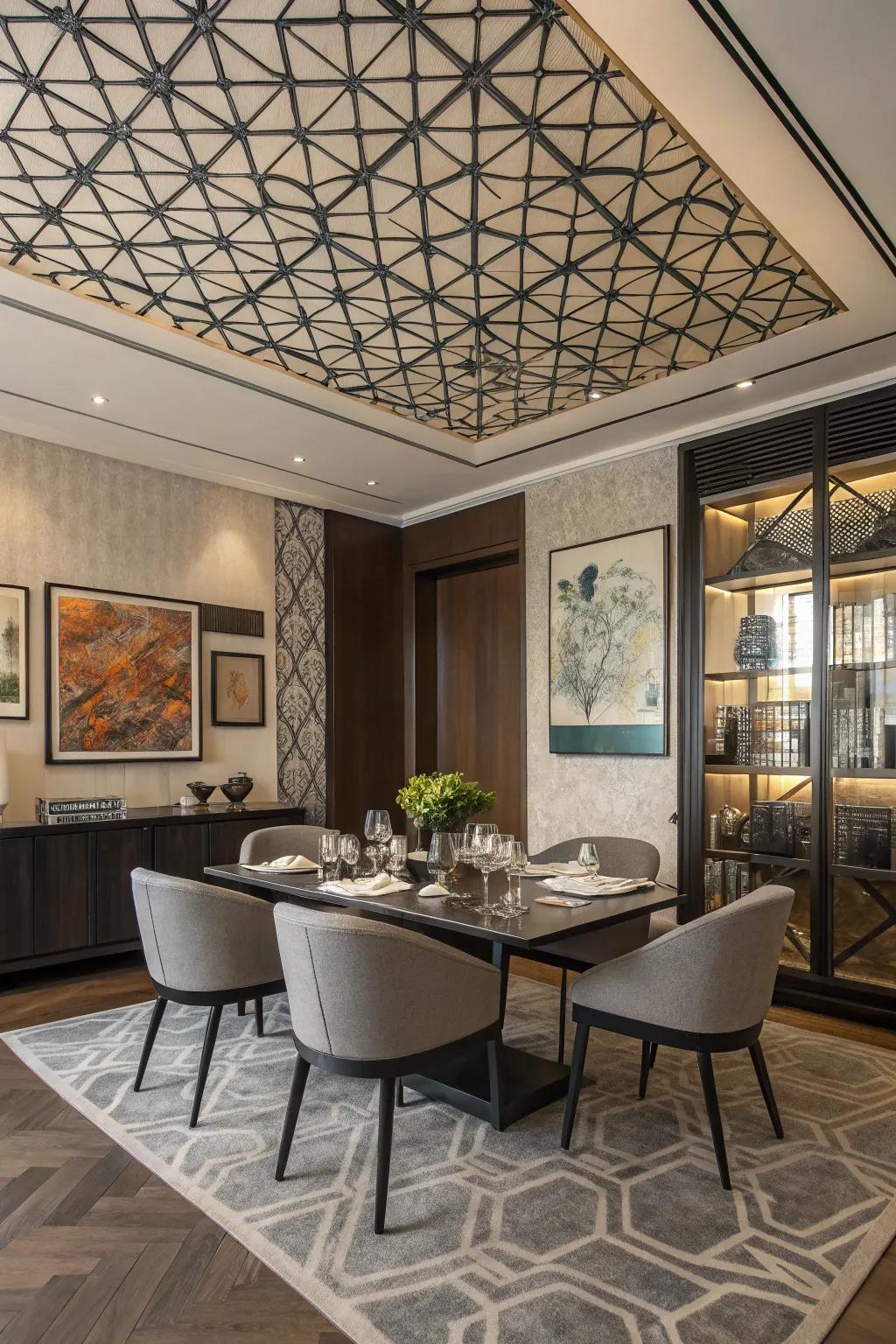 Geometric patterns add a modern twist to your ceiling design.