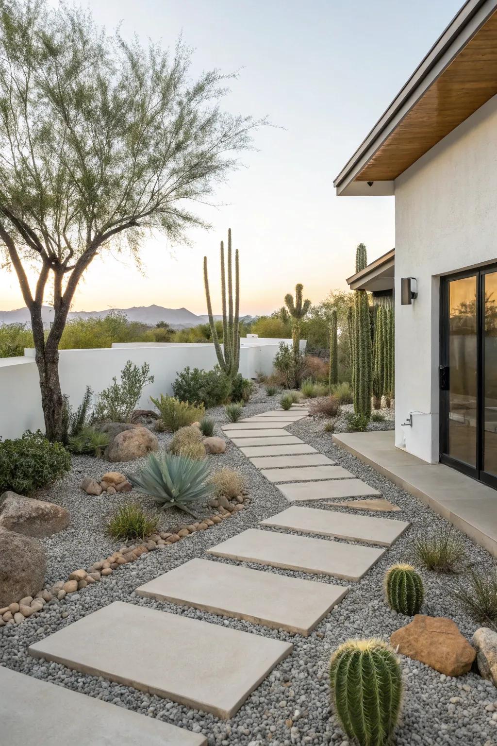 Gravel and stone design offers a sleek and sustainable landscape.