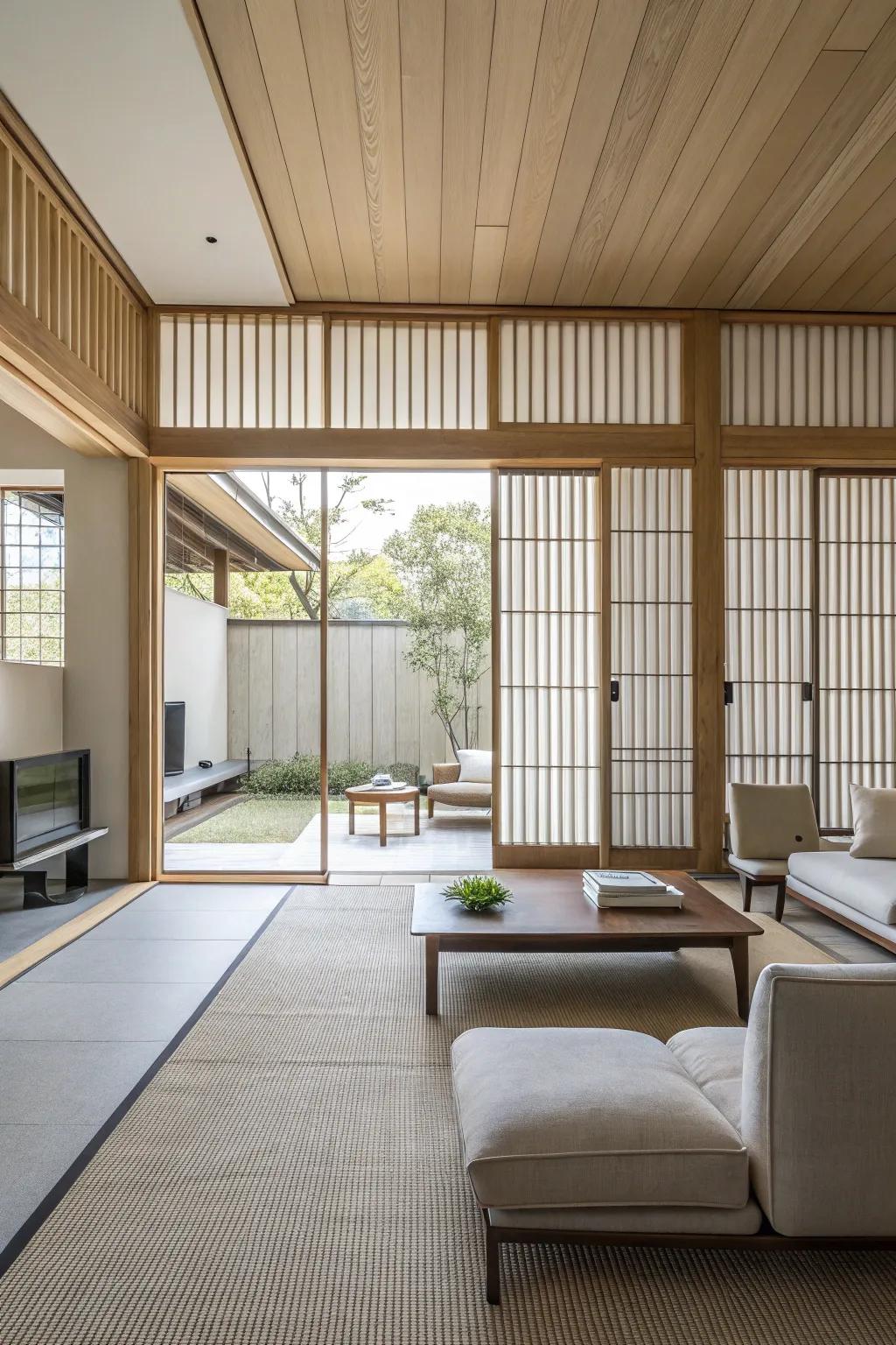 Minimalist living area with sleek vertical panels.