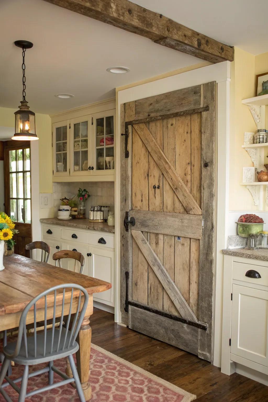 Rustic wood pantry doors add warmth and character.