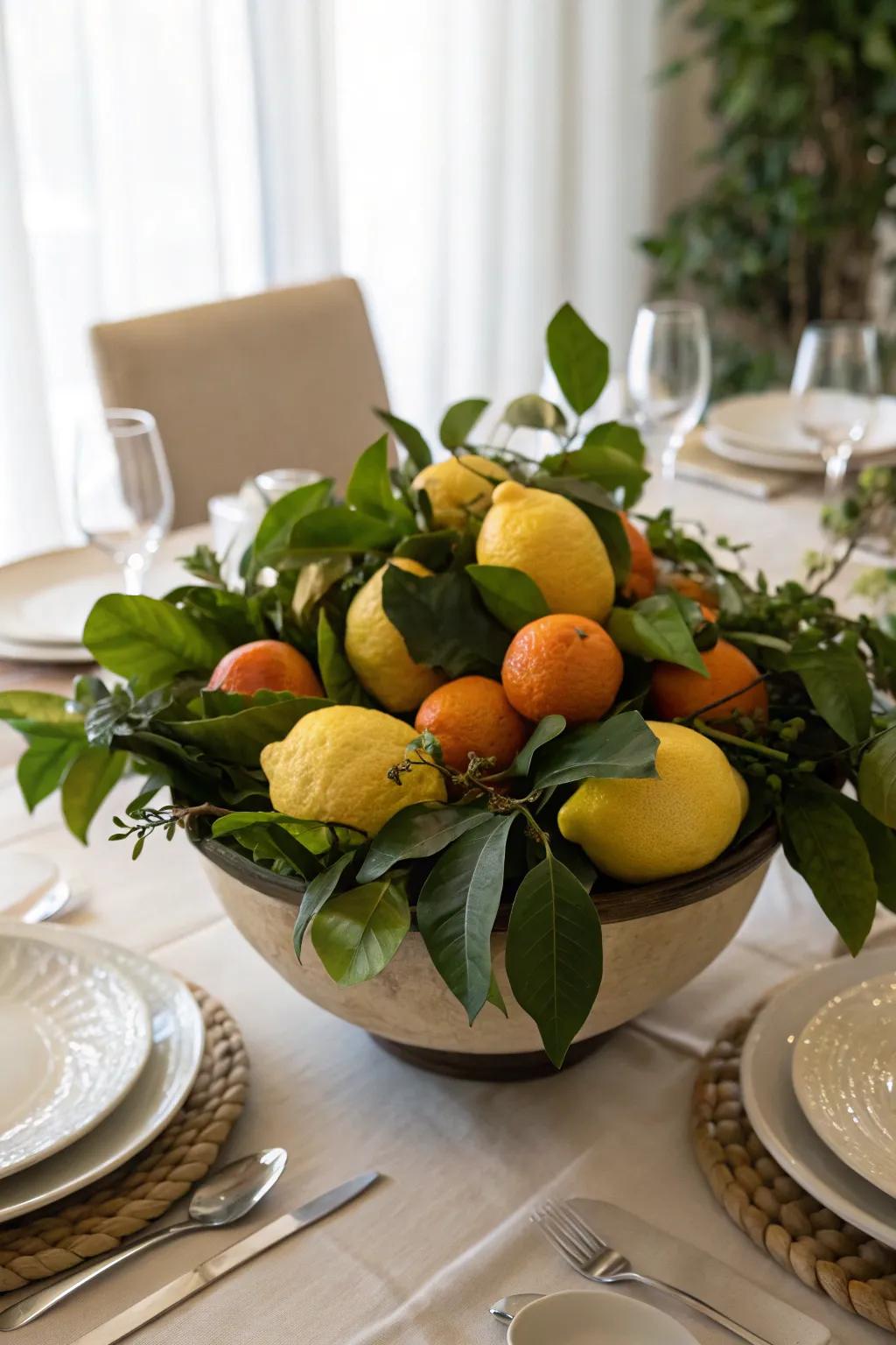 A refreshing fruit centerpiece with citrus and greenery.