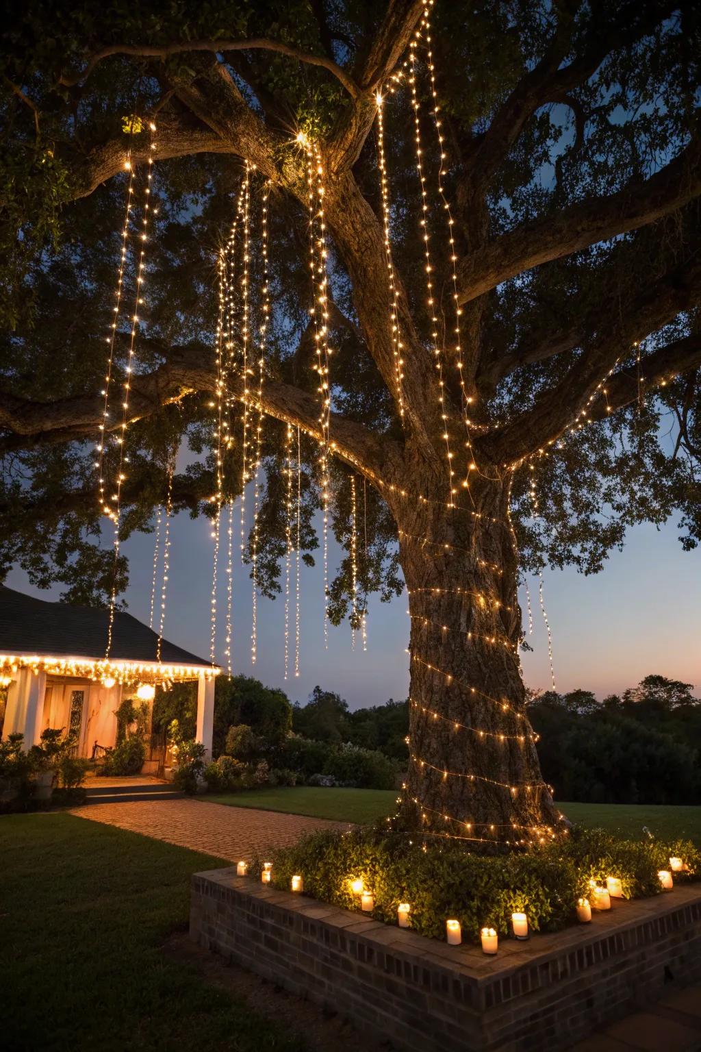 Cascading lights turn trees into enchanting features.