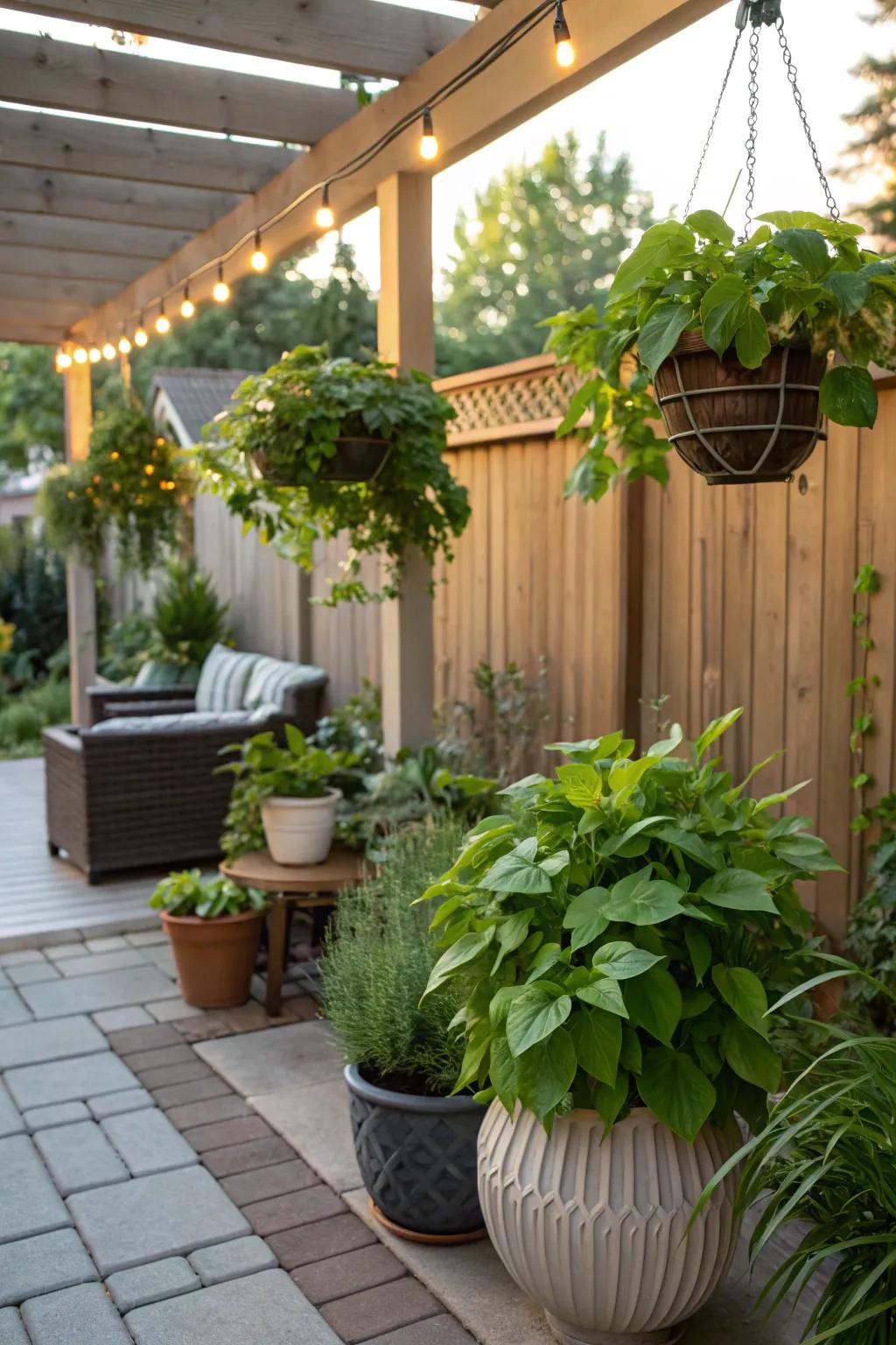 Lush greenery making the patio feel alive and inviting.