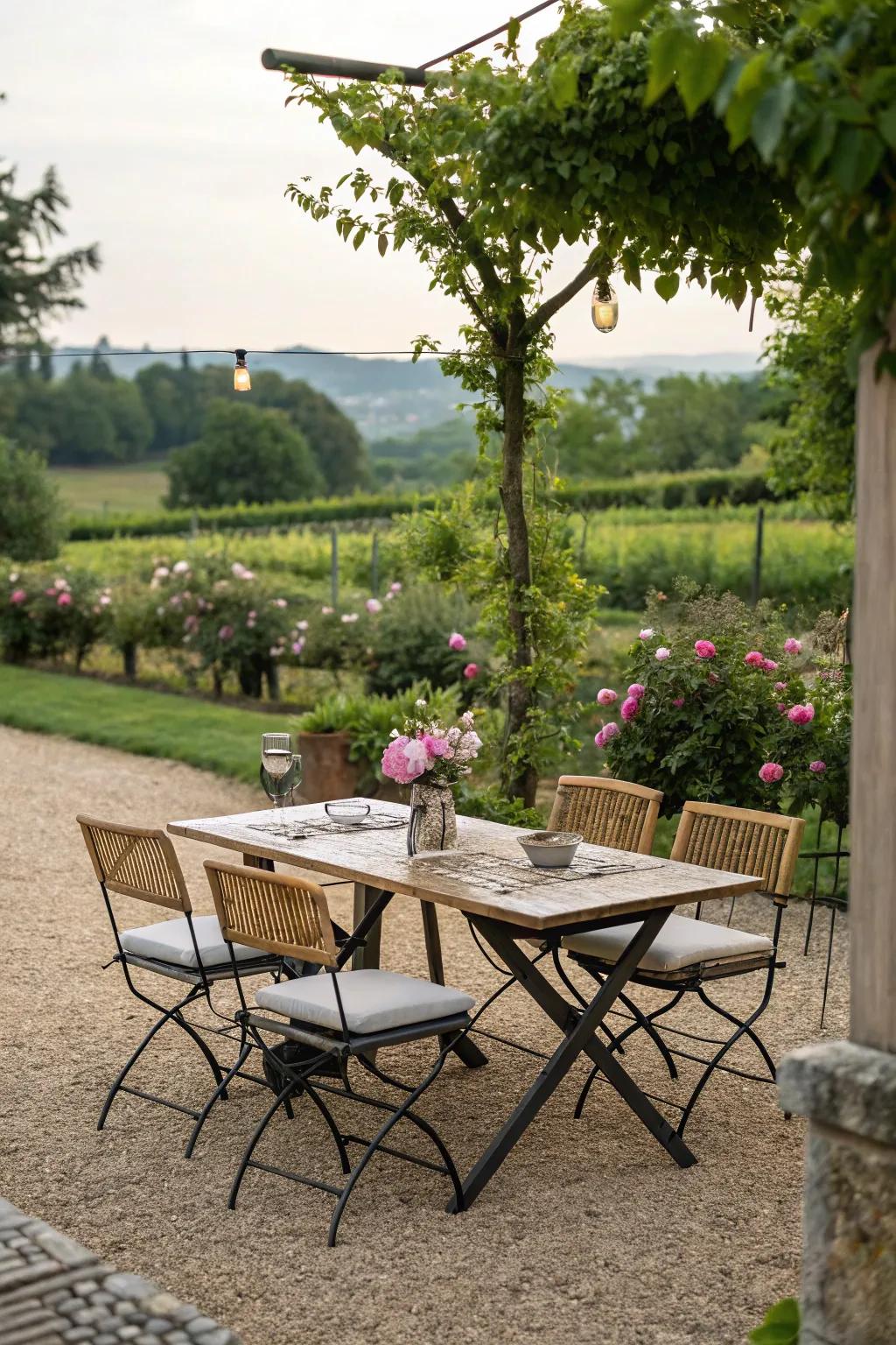 Dine under the stars with a pea gravel dining area.