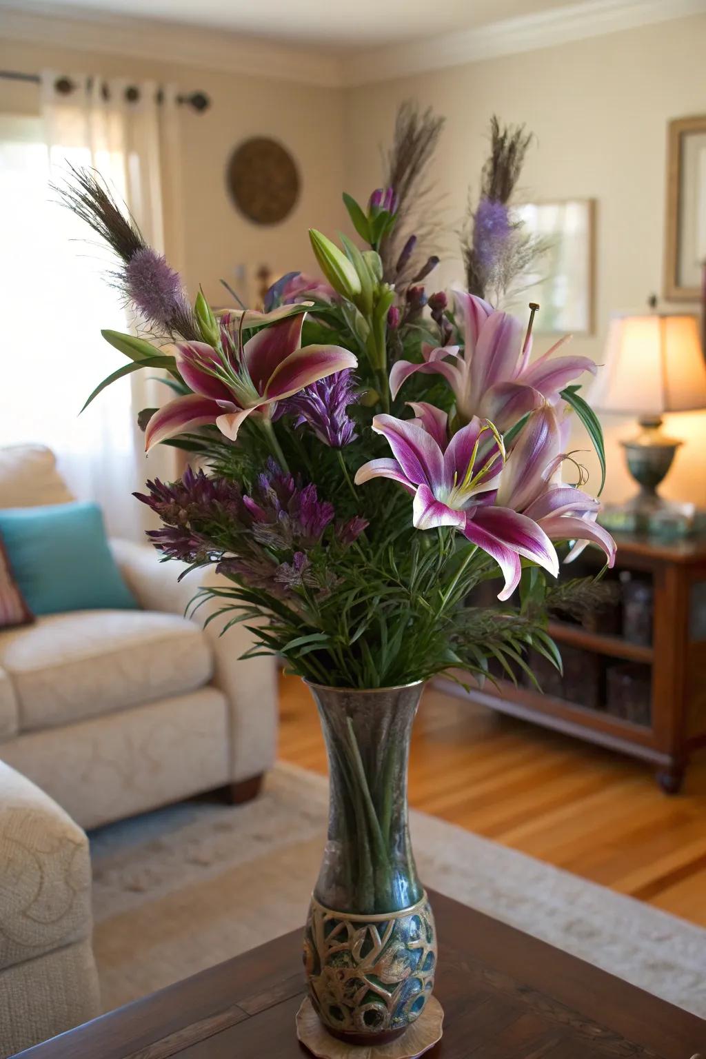 A stunning combination of flowers and feathers for a lively centerpiece.