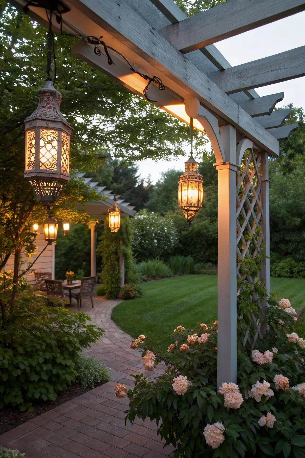 Hanging lanterns add a touch of magic to your pergola.