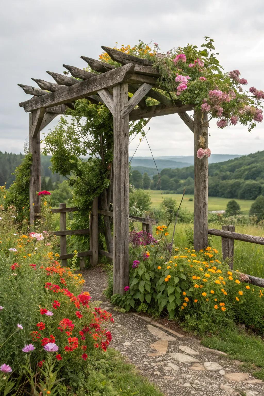 A rustic arbor brings a touch of nostalgia to any garden.