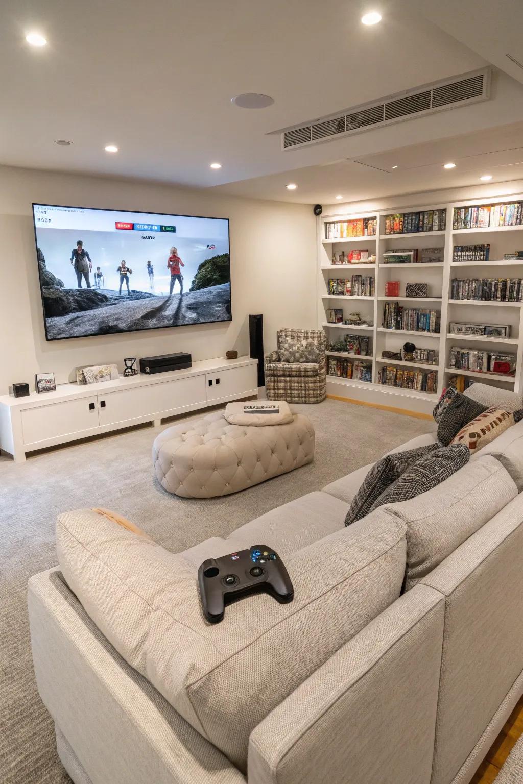 A playroom equipped with a large screen for ultimate movie and gaming experiences.