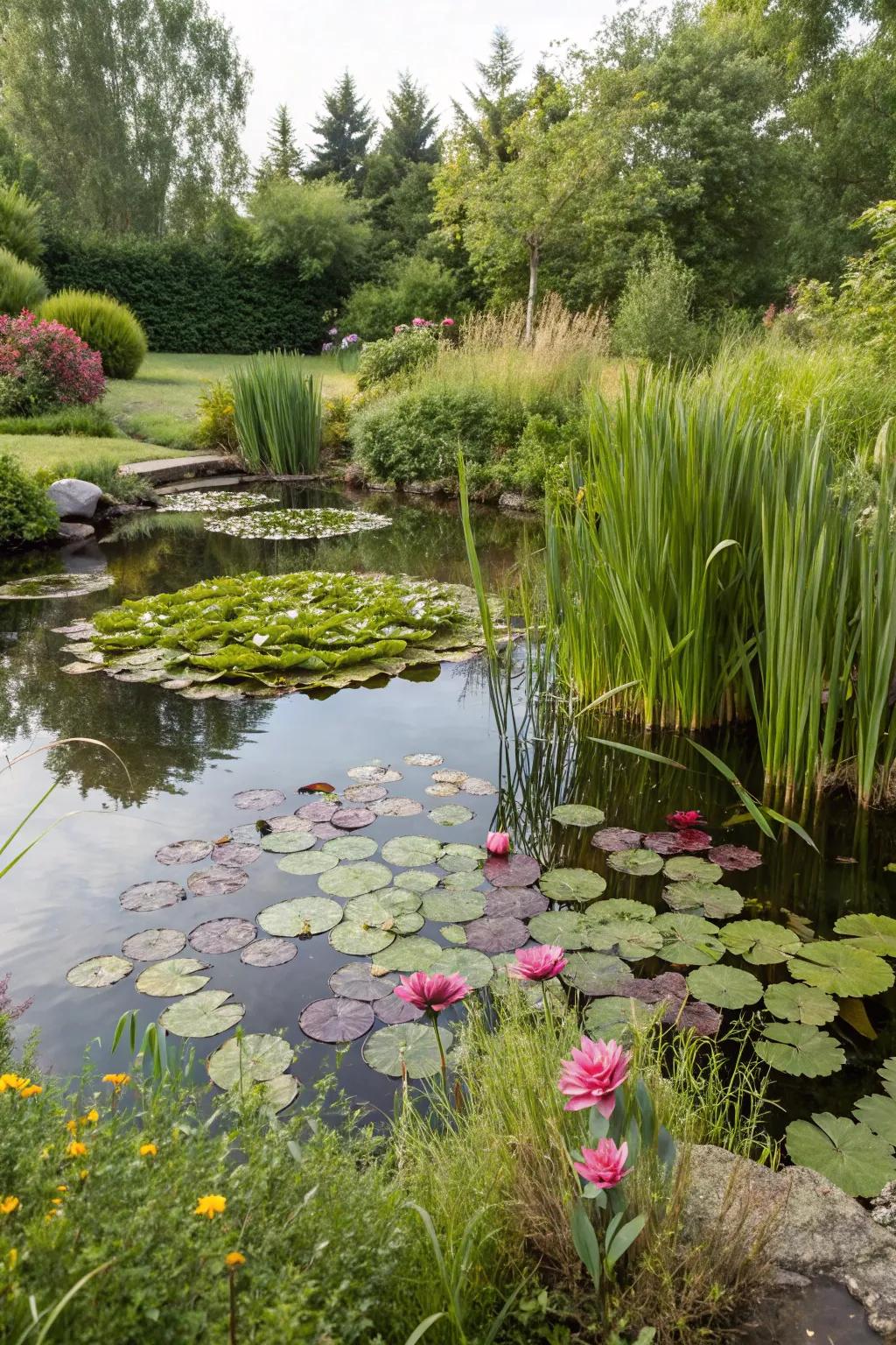 A backyard pond teeming with water lilies and reeds.