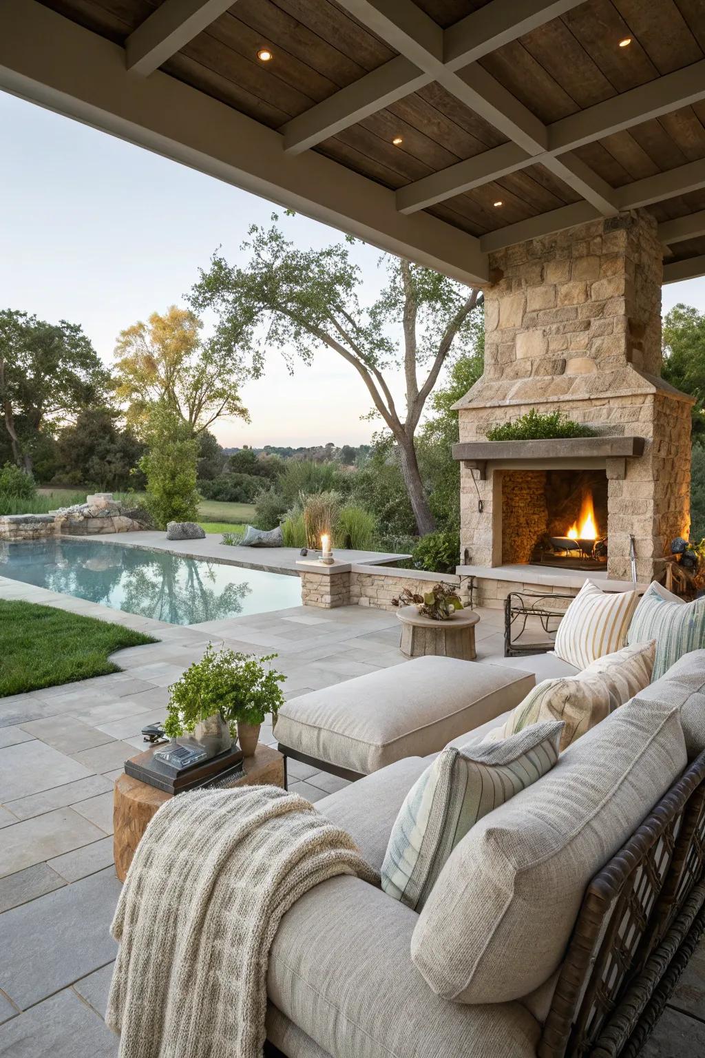 An inviting outdoor living area with plush seating and a fireplace.