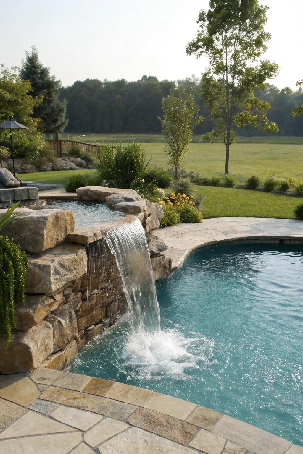 A pool with a stunning cascading waterfall feature.