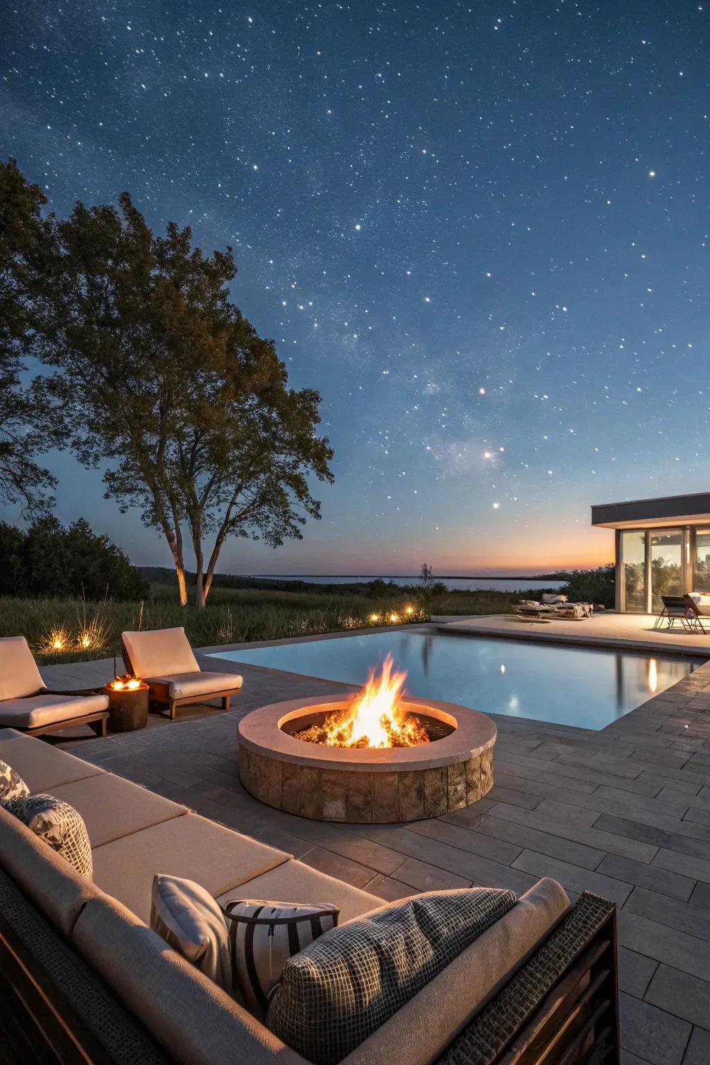 Warm up your poolside evenings with a cozy fire pit.