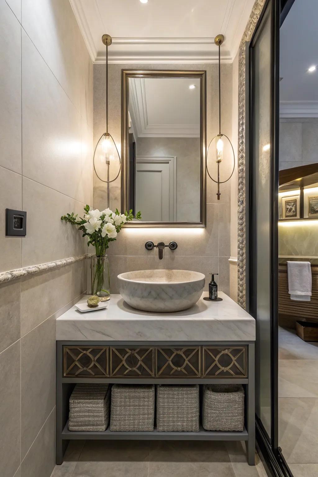 A modern powder room with a sleek and contemporary sink and faucet.