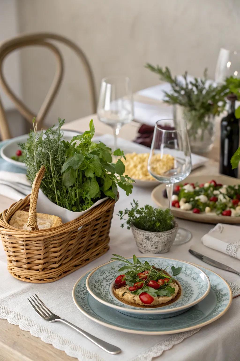 A dining setup with dishes creatively incorporating a mystery ingredient, exemplified by a basket of fresh herbs.