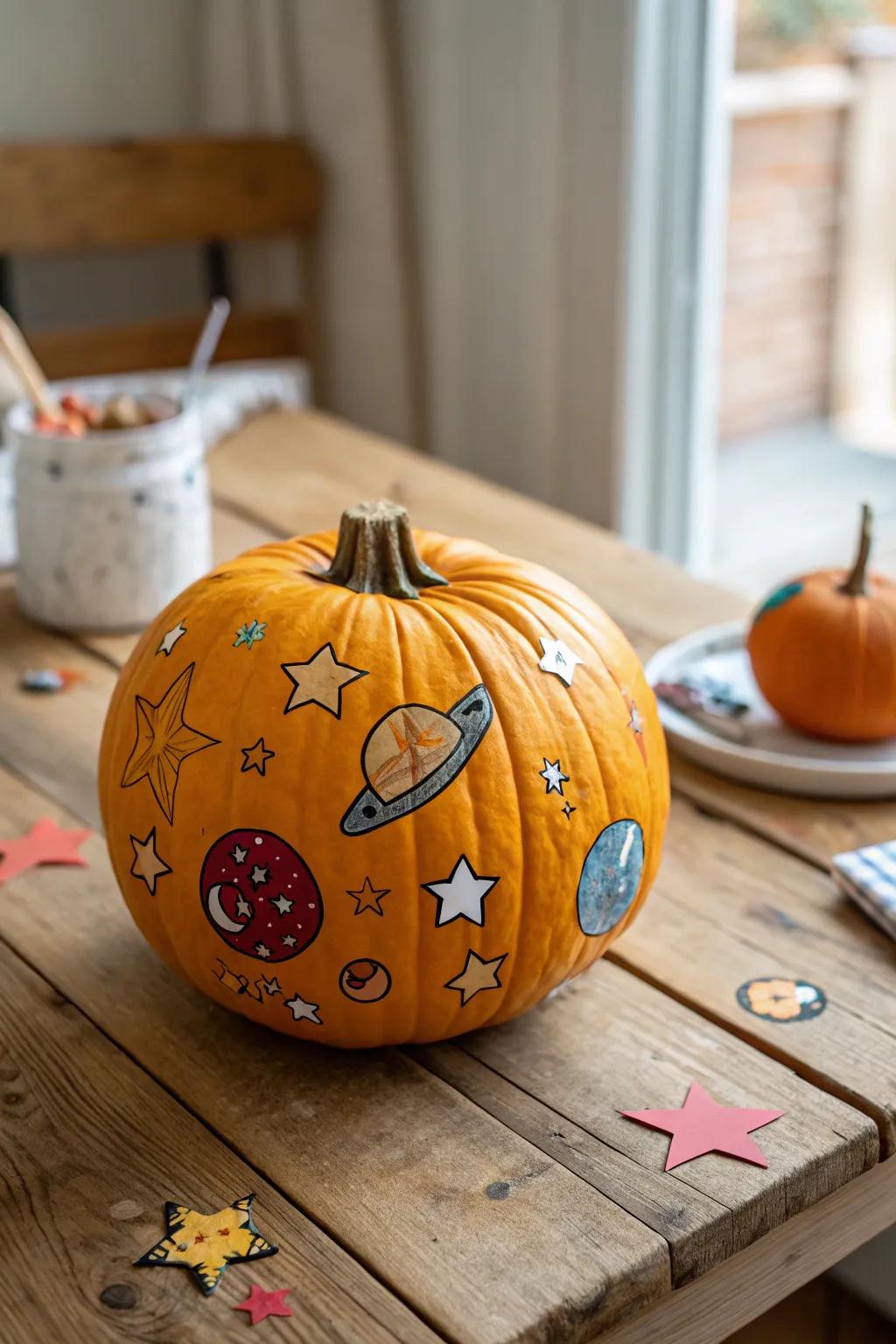 A pumpkin transformed with a galaxy of stickers.