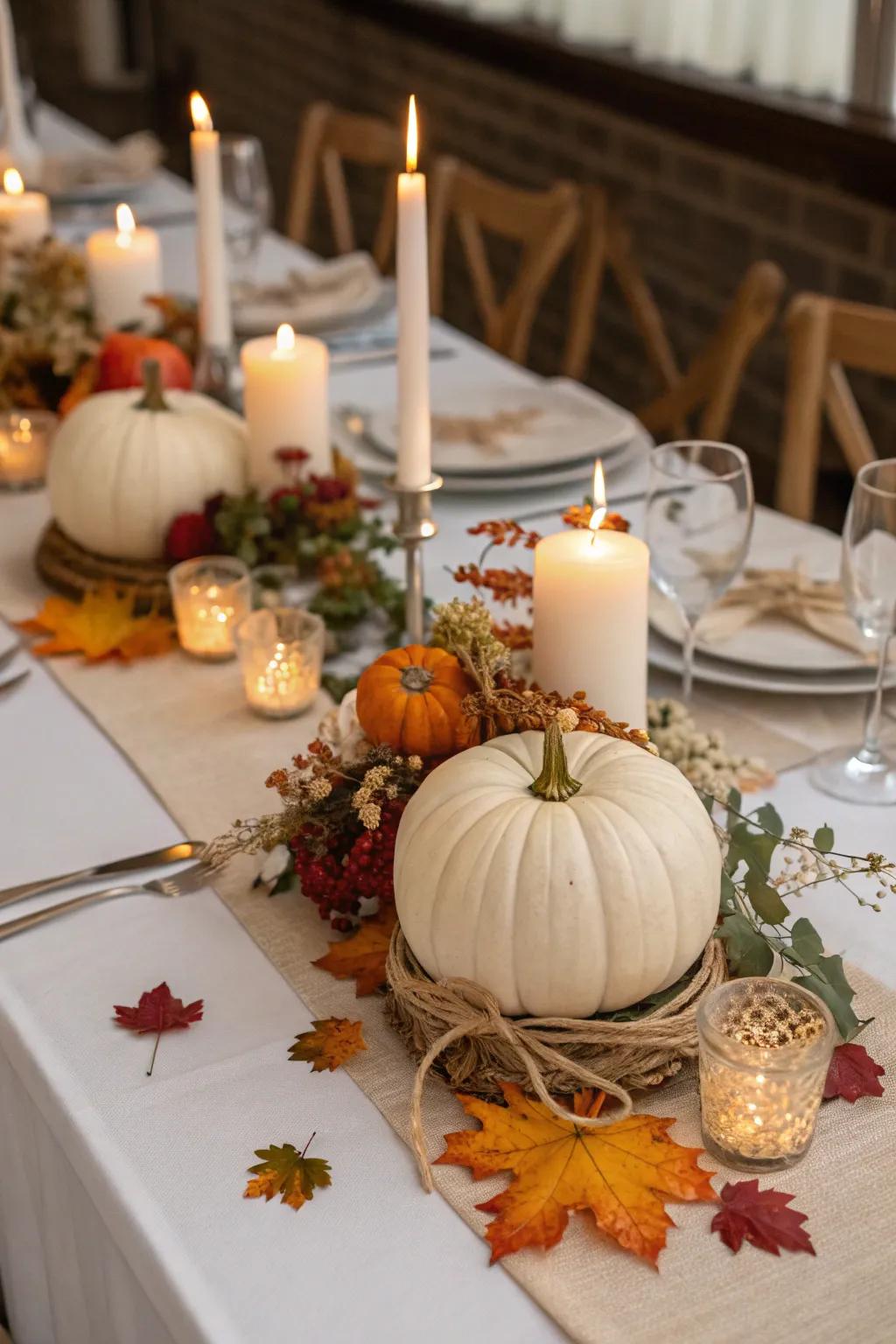 Elegant pumpkin centerpieces complemented by candles and autumn leaves.