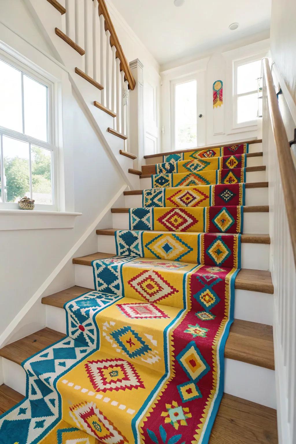 A staircase enhanced with bold and colorful runners.