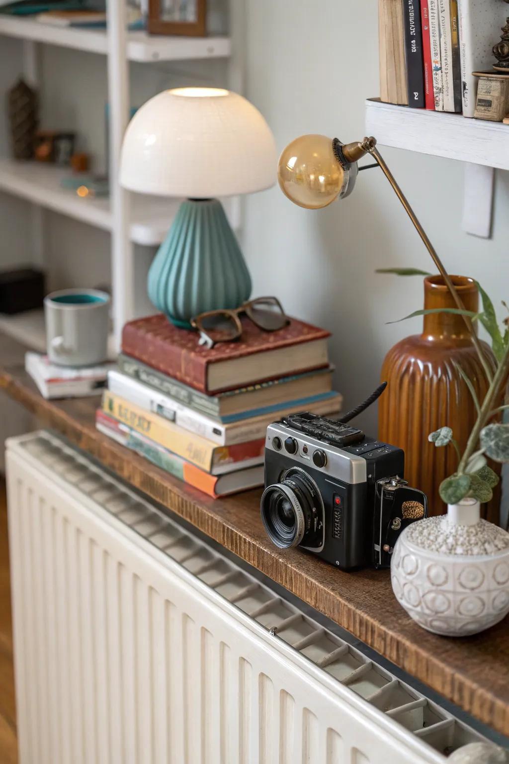 Mix and match styles for a personalized, eclectic radiator shelf display.