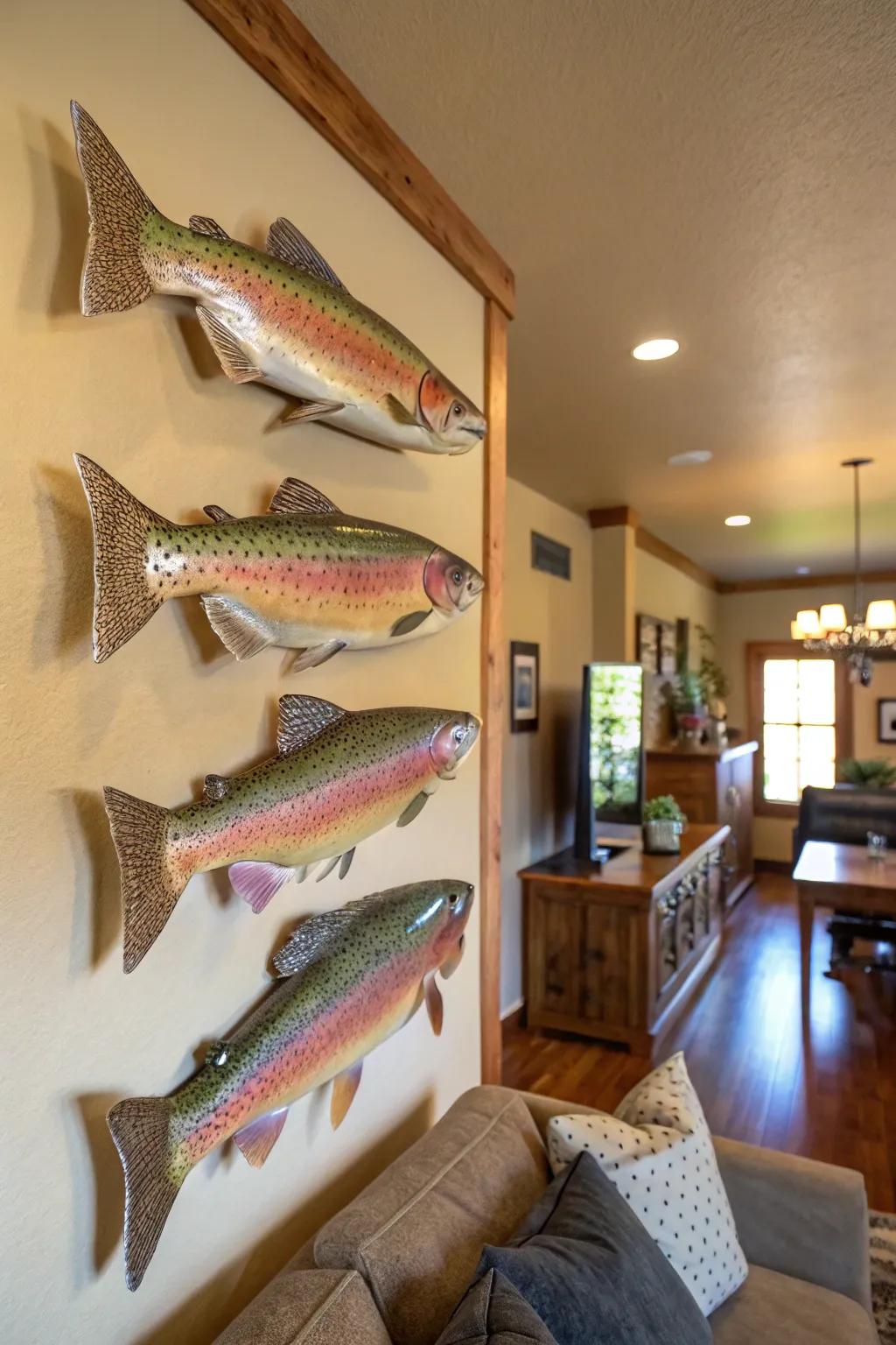 Multiple rainbow trout mounts create a dynamic and lively home decor feature.