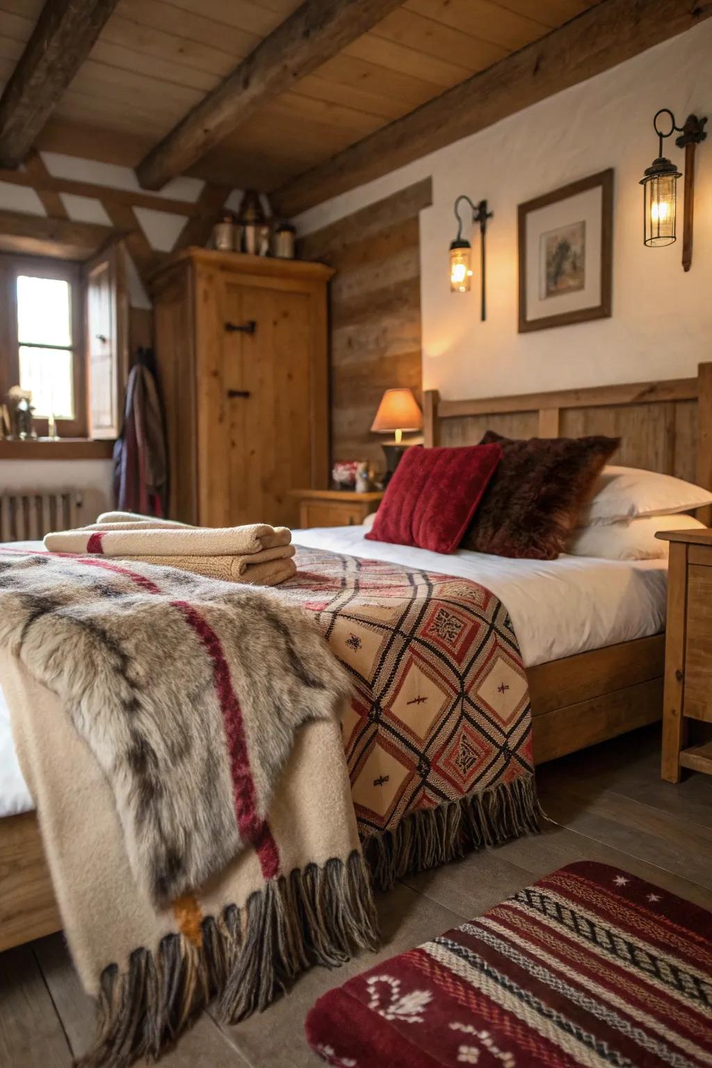 A rustic bedroom featuring woolen blankets and fur throws for added warmth.