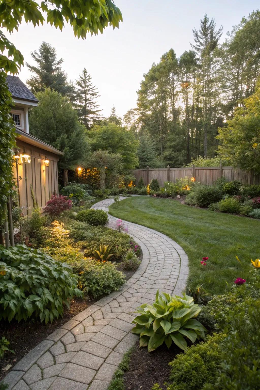 Curved paths introduce fluidity and charm to a rectangular layout.