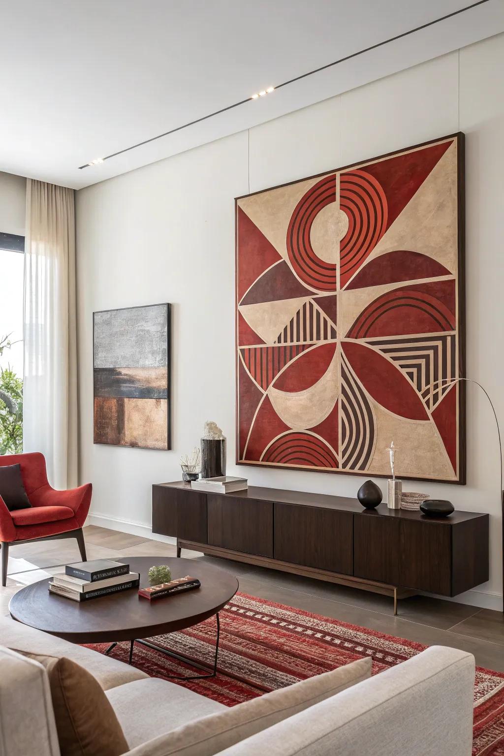 Art pieces with red hues add a cohesive touch to the room's decor.