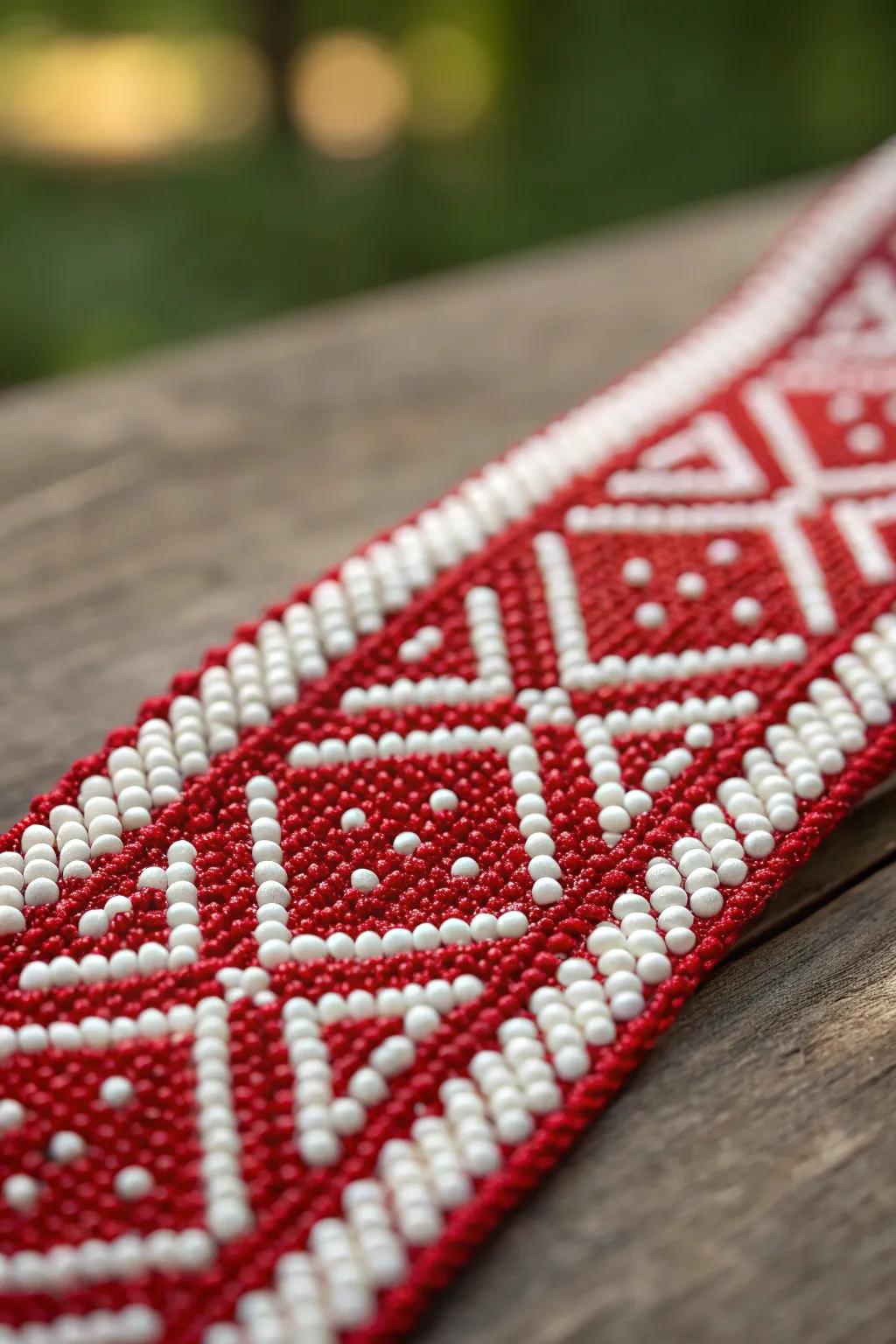 Create stunning patterns with red and white beads.