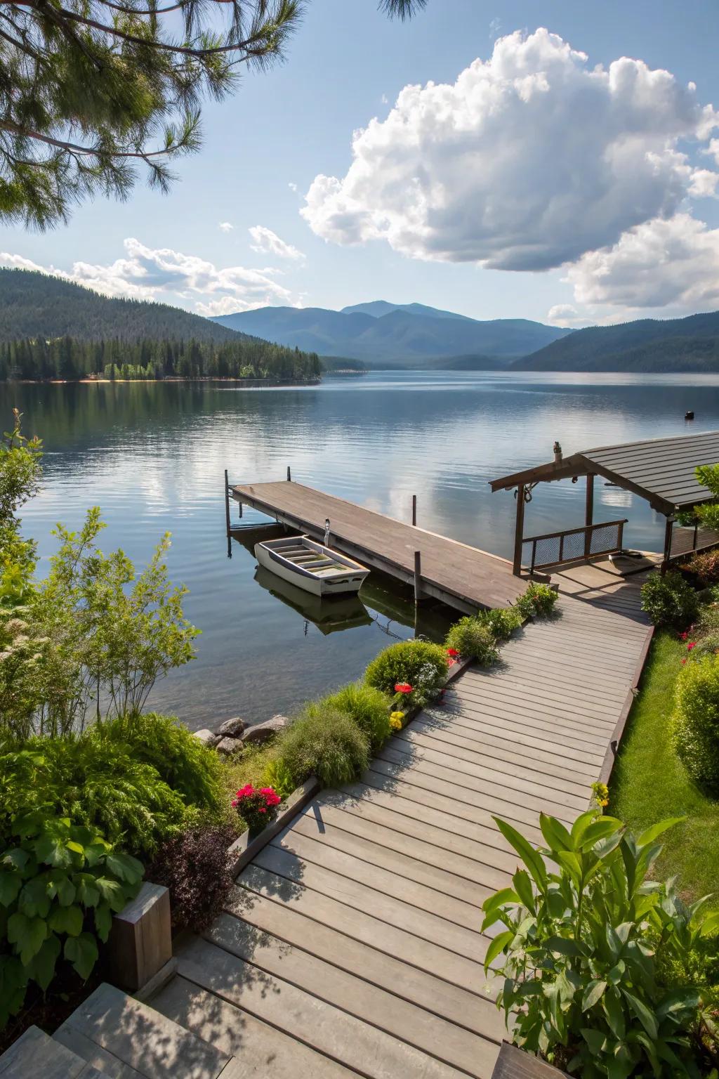 A dock perfectly positioned for enjoying lake and mountain vistas.