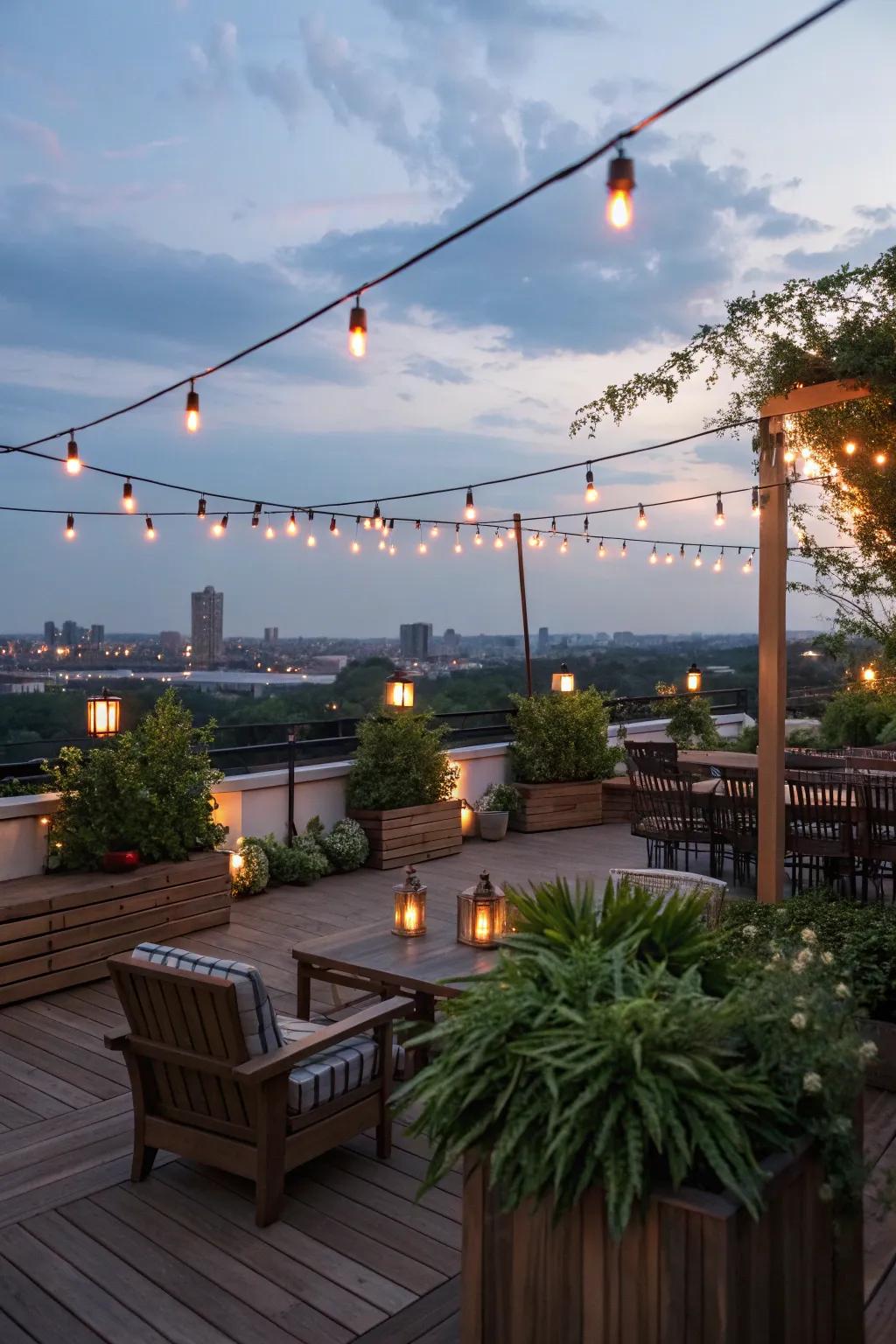 Illuminate your rooftop deck with ambient lighting for a magical evening atmosphere.