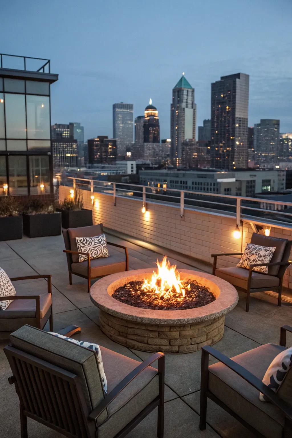 Cozy evenings around a rooftop fire pit.