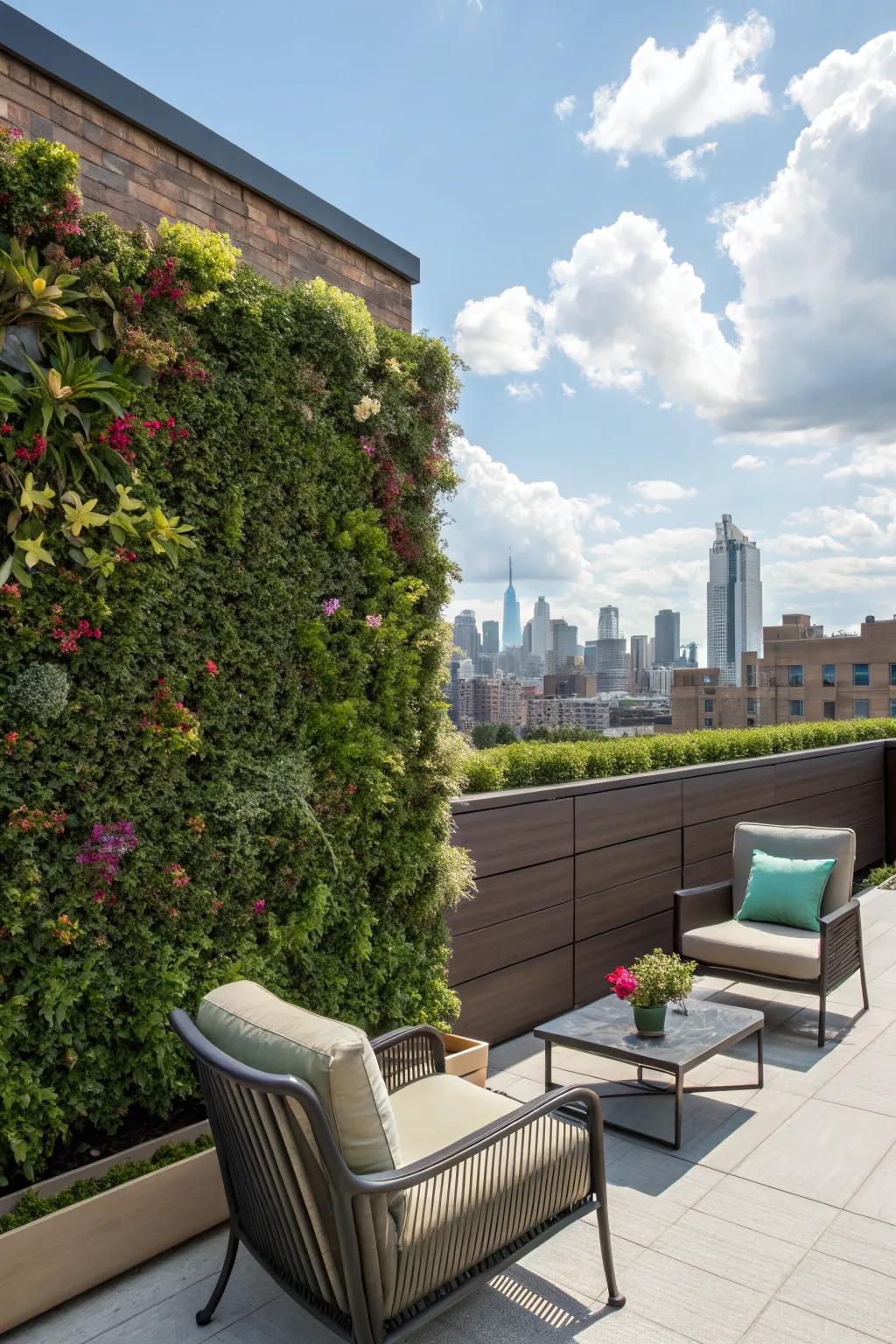 A vertical garden adds lush greenery to a rooftop without sacrificing space.