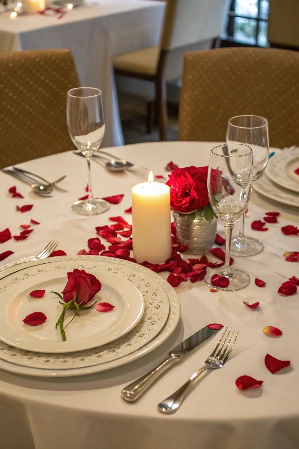 A dining table adorned with rose petals for a romantic dinner