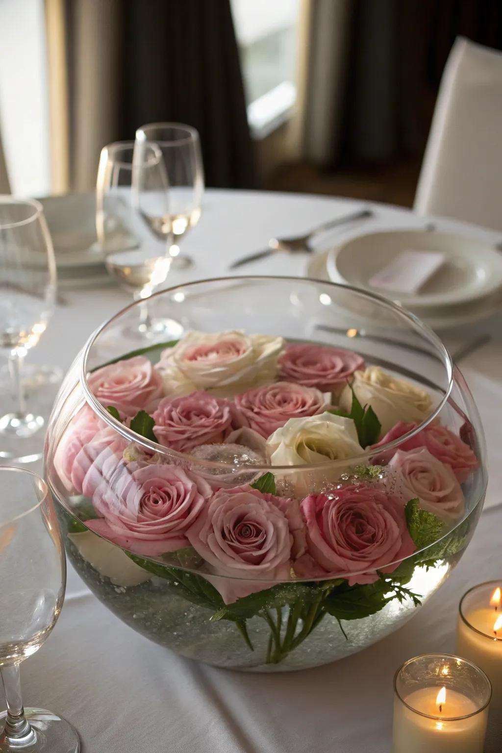 Submerged flowers in a glass bowl create a stunning centerpiece.