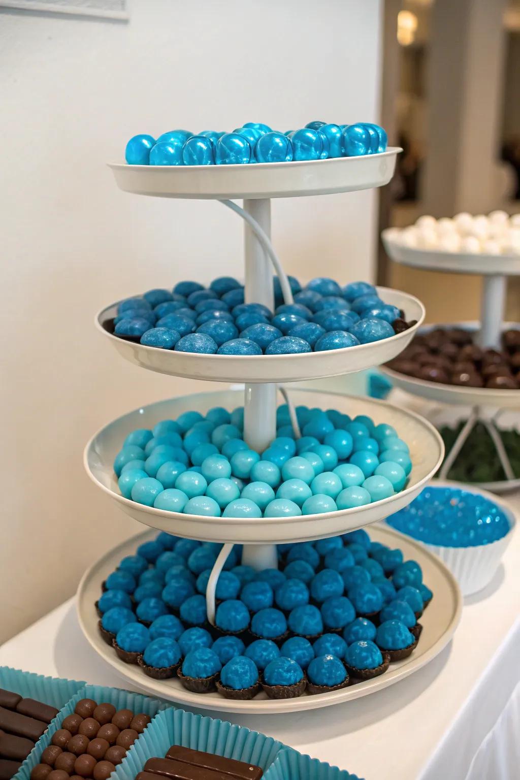 An eye-catching candy table with tiered trays adding height and dimension.