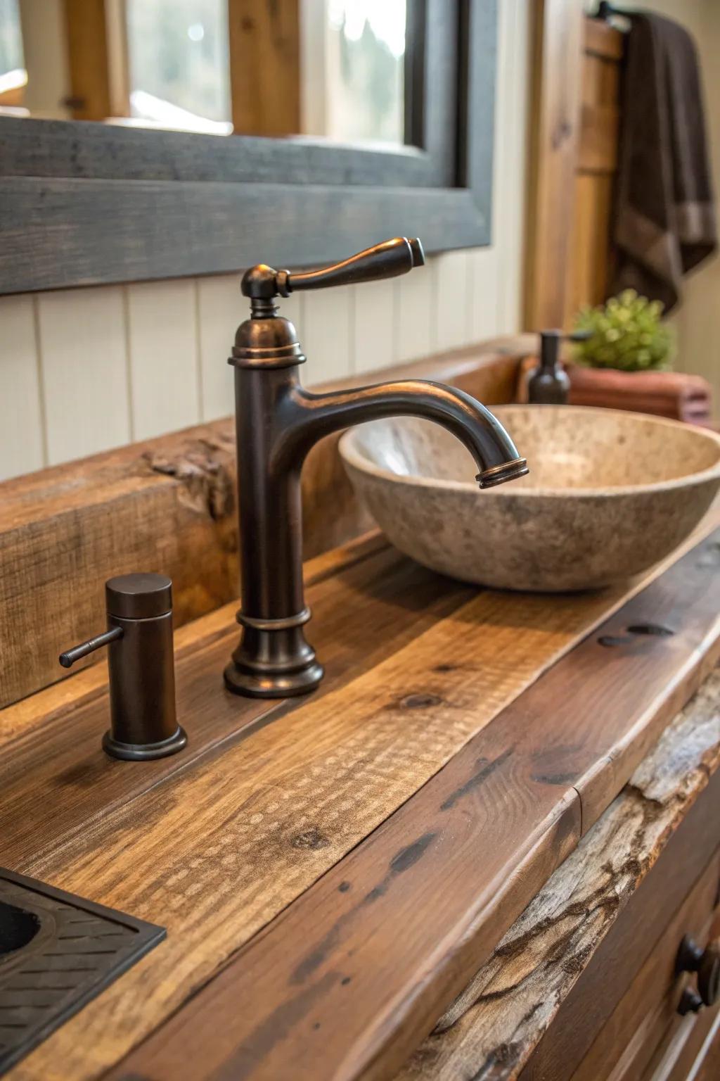 Oil-rubbed bronze faucets blend seamlessly with rustic decor.