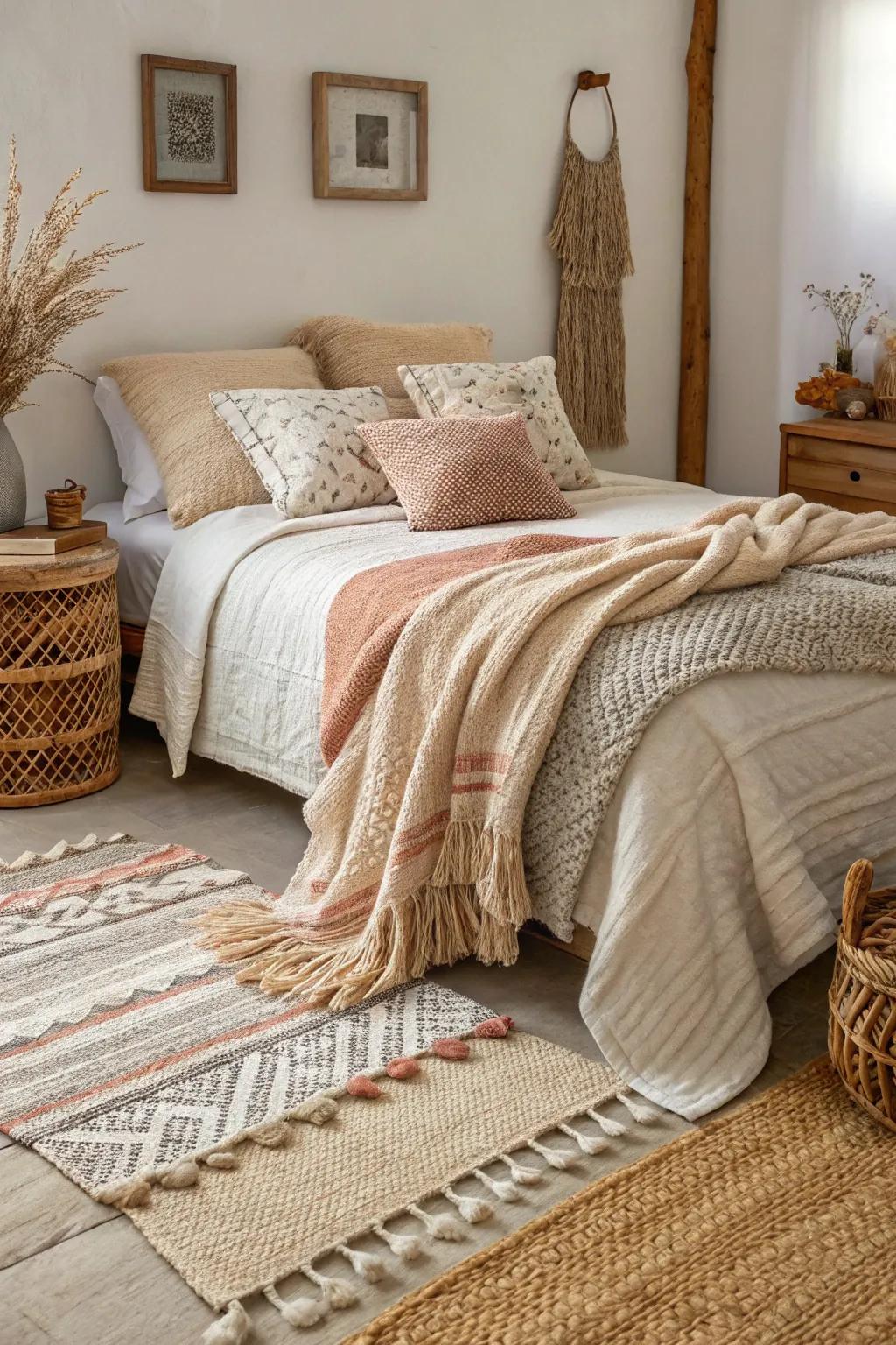 Layered textiles add warmth and texture to this rustic bedroom.