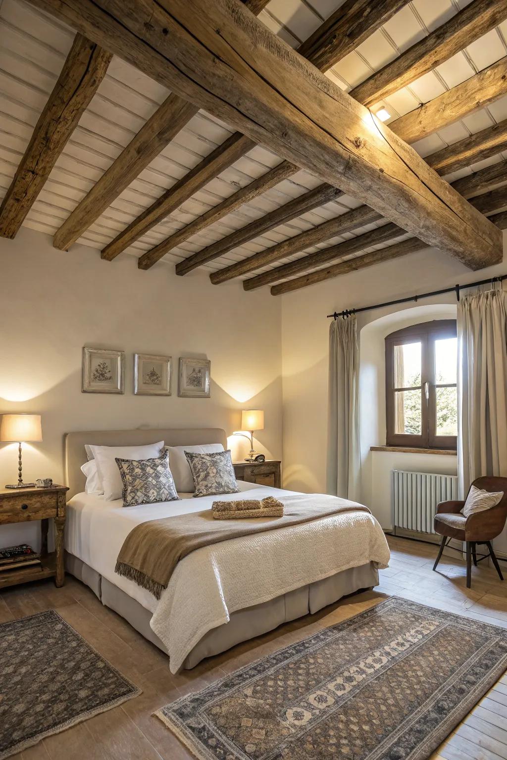 Exposed wooden beams enhance the rustic charm of the room.