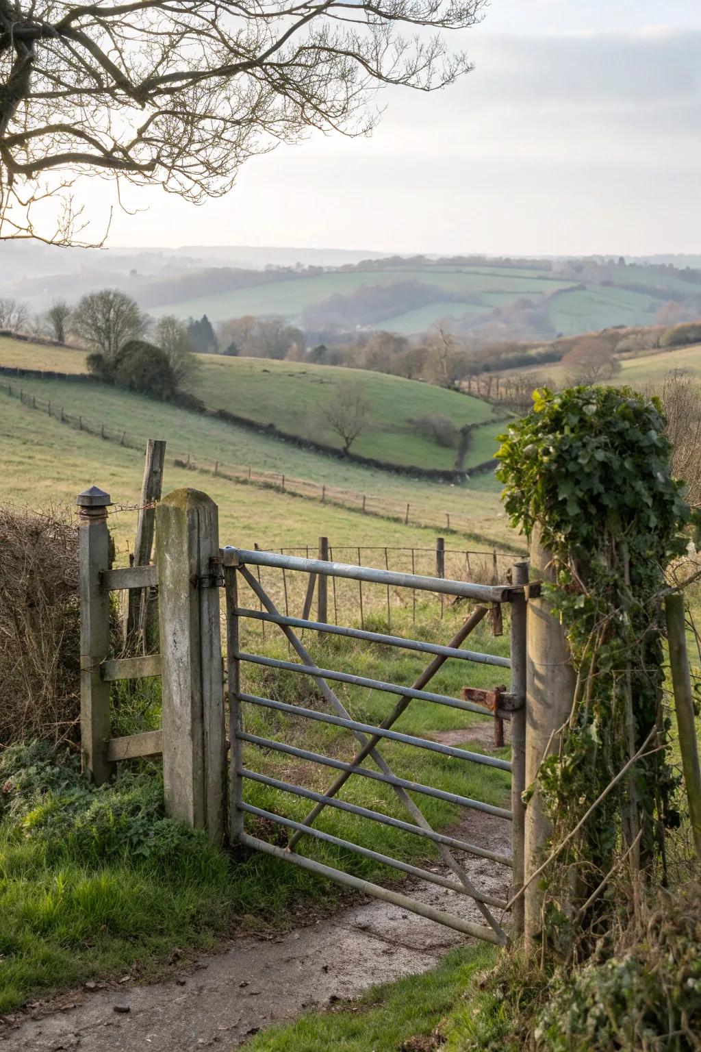 A fusion of metal and wood creates a unique farm gate.