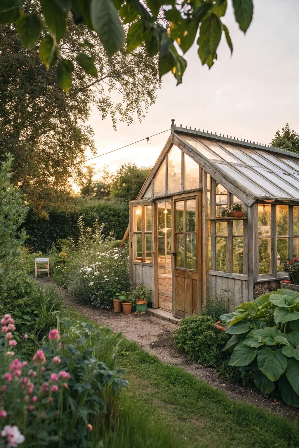 A quaint wooden greenhouse in a rustic garden.