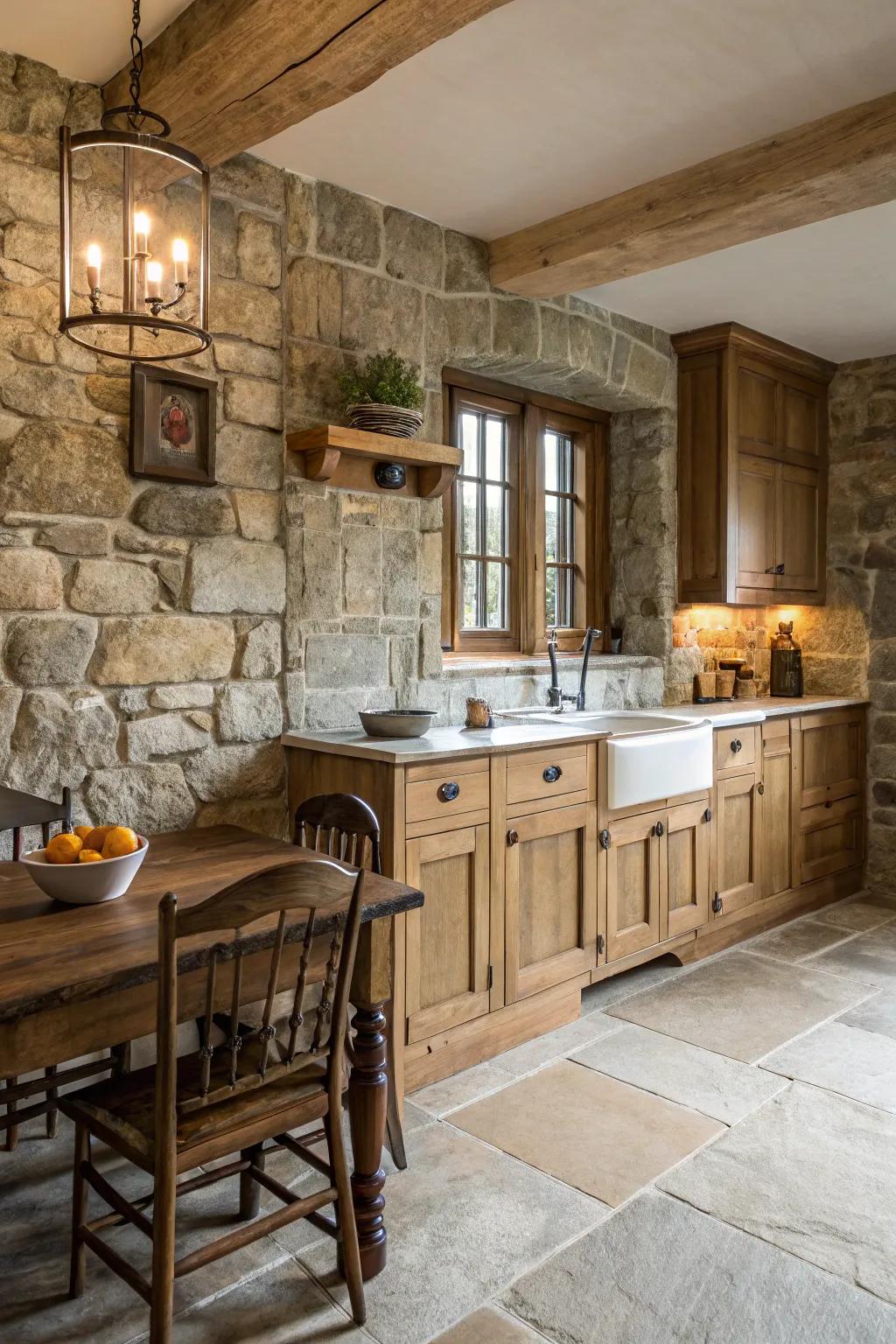 Stone accents bring a rugged yet sophisticated look to rustic kitchens.