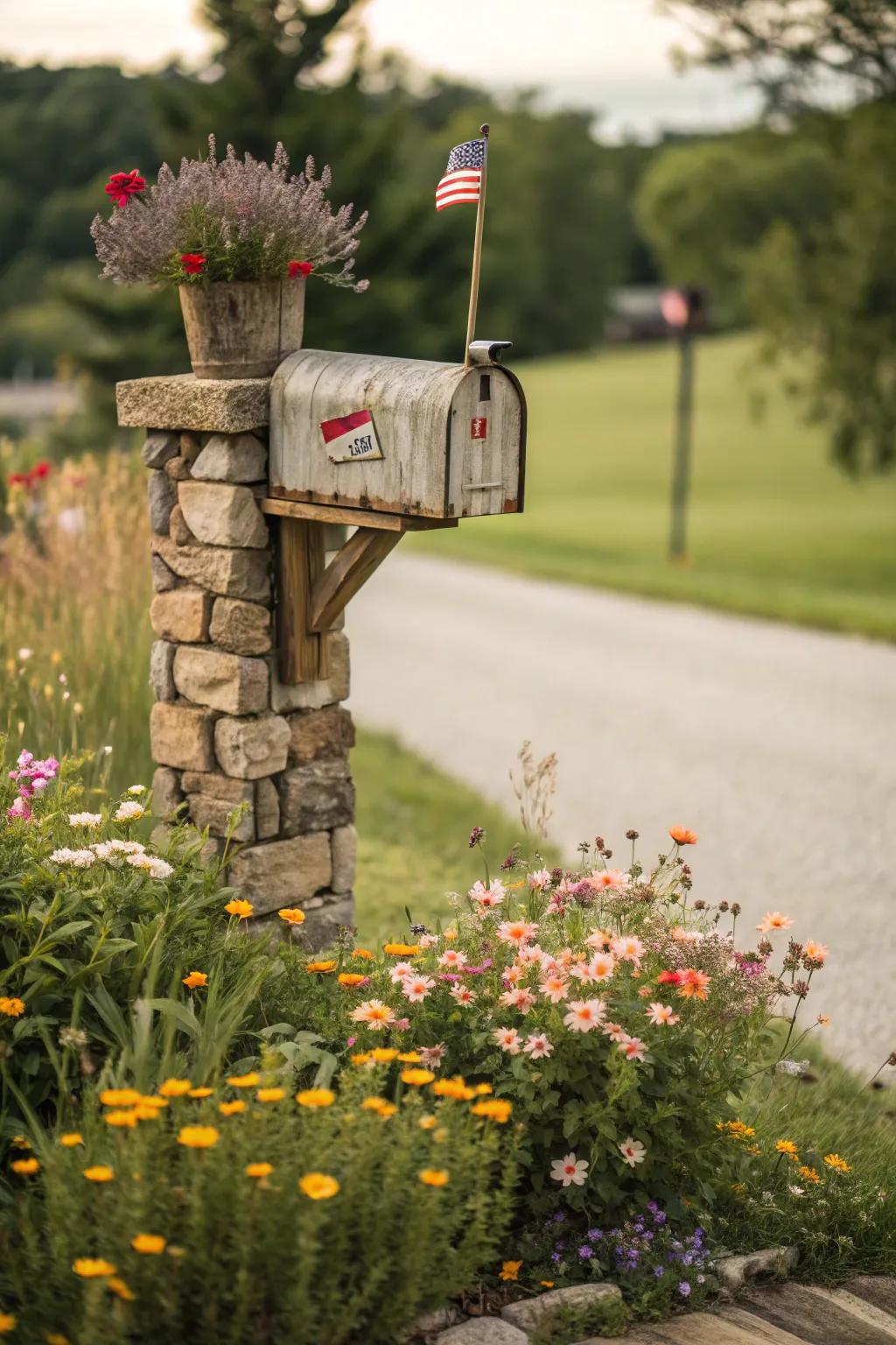 A stone base provides both stability and style to this rustic mailbox post.