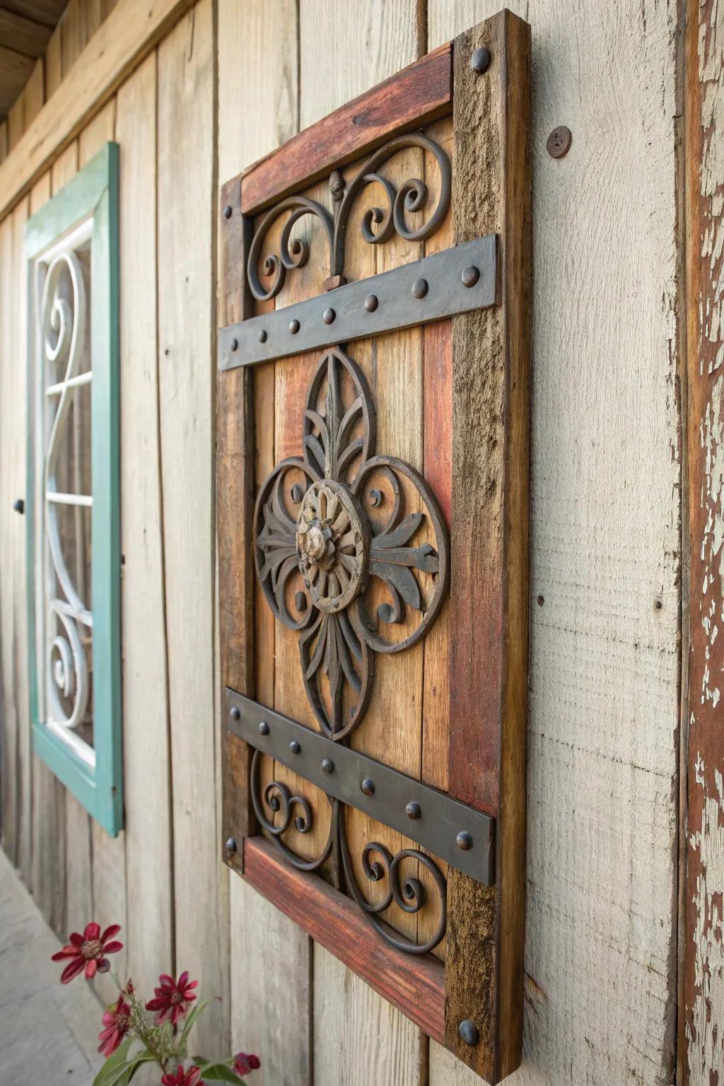 Rustic wall art with metal and wood elements adds charm and personality to the decor.