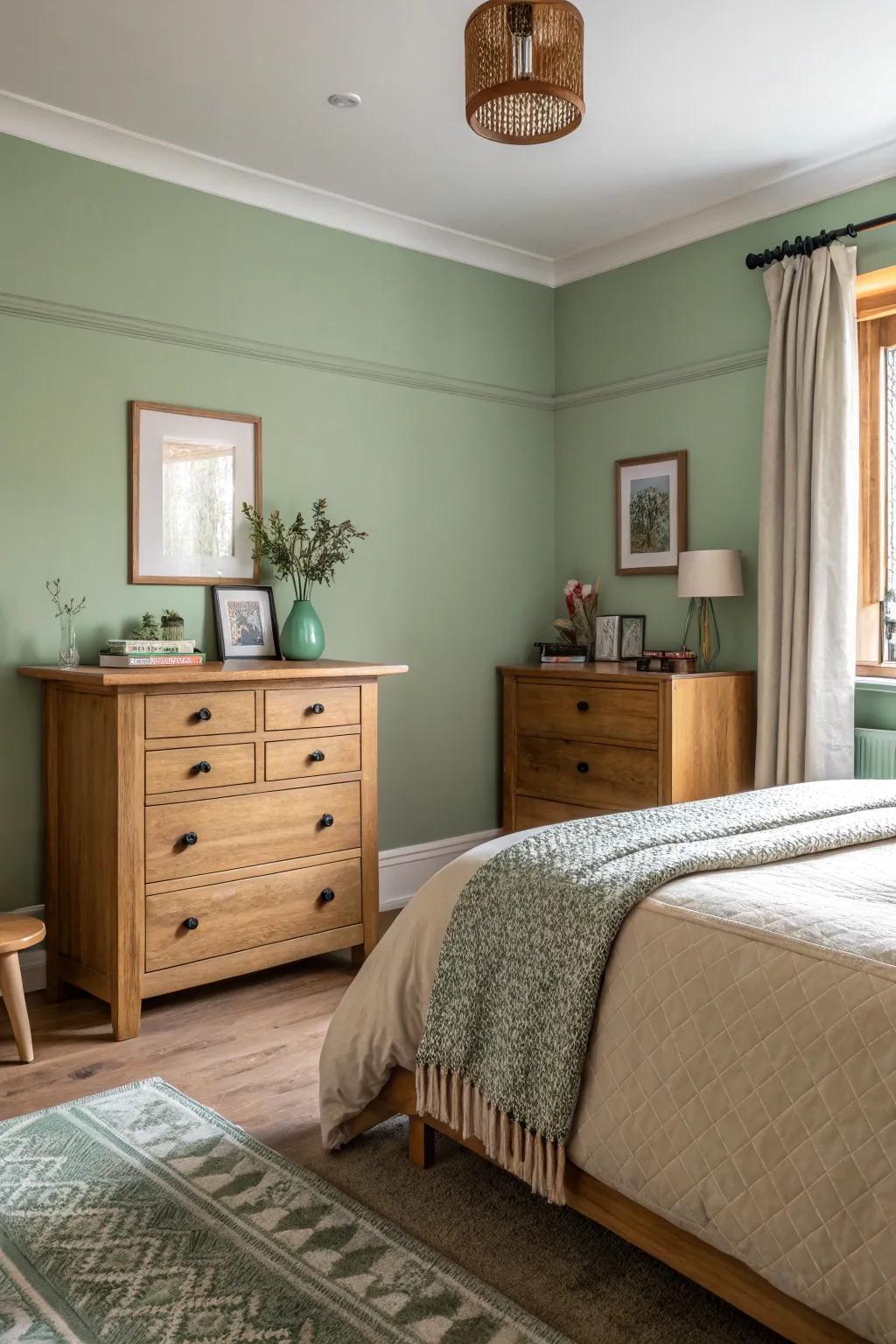 Sage green and natural wood combine to create a warm, welcoming bedroom oasis.